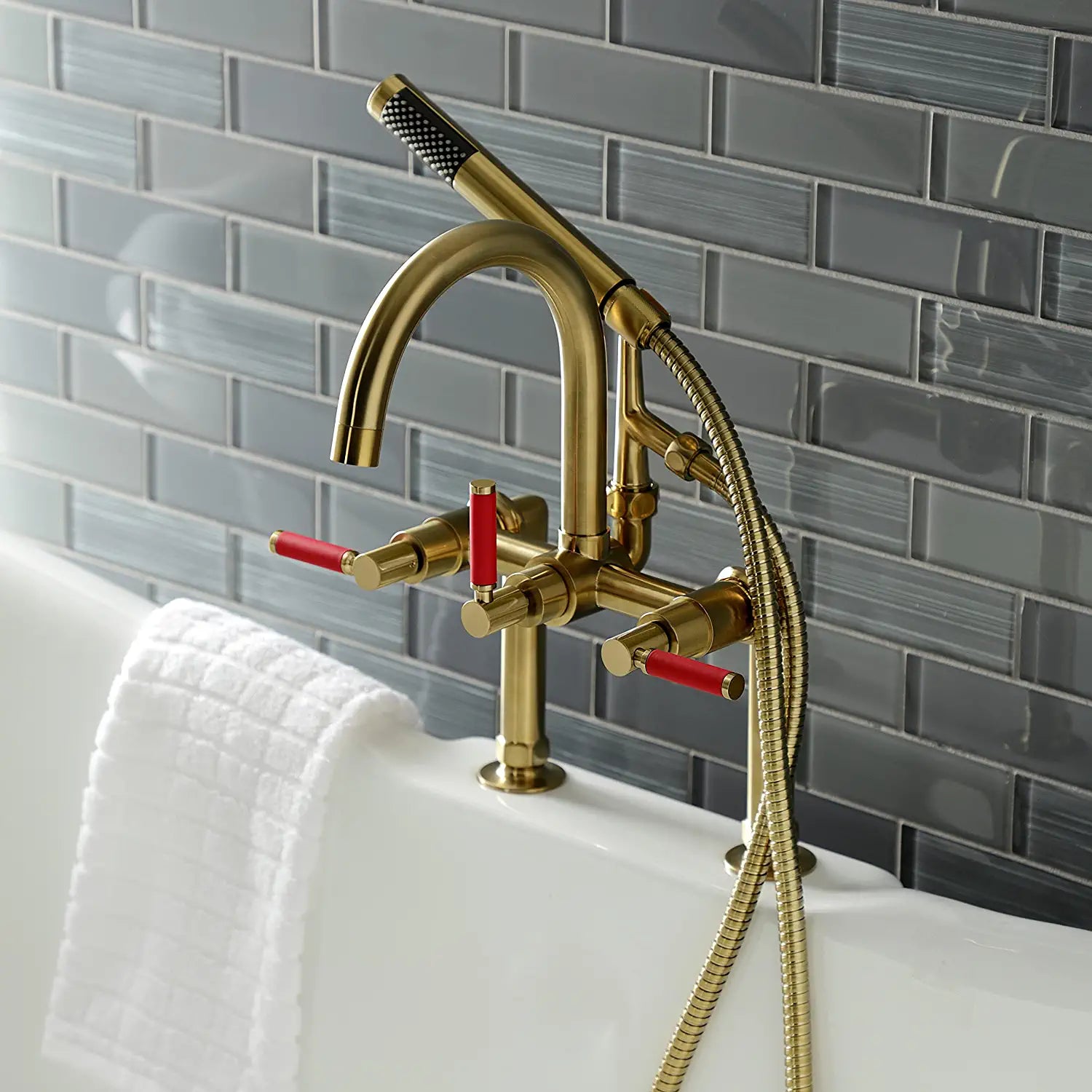 Kingston Brass AE8107DKL Kaiser 2-Handle 7-Inch Deck Mount Clawfoot Tub Faucet with Hand Shower, Brushed Brass