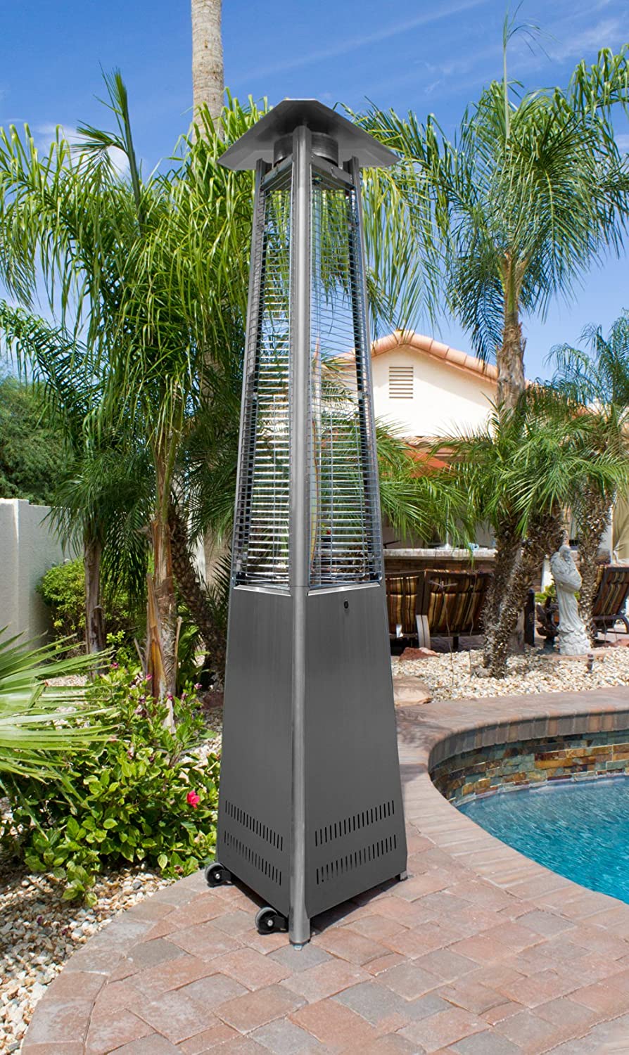 Hiland HLDS01-WCGTSS HLDS01-CGTSS Commerci al Pyramid Glass Tube Propane Patio Heater w/Wheels, Stainless Steel