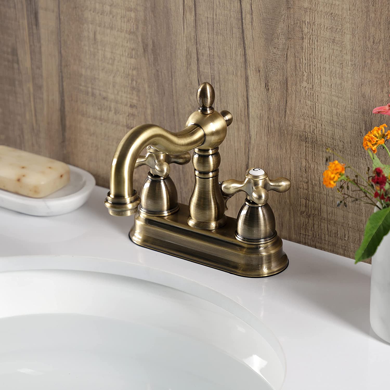 Kingston Brass KB1604AX Heritage 4&#34; Centerset Lavatory Faucet with Metal Cross Handle, Chrome/Polished Brass