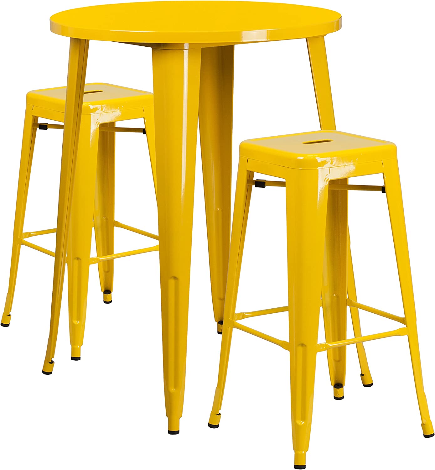 Flash Furniture Commercial Grade 30&#34; Round Yellow Metal Indoor-Outdoor Bar Table Set with 2 Square Seat Backless Stools