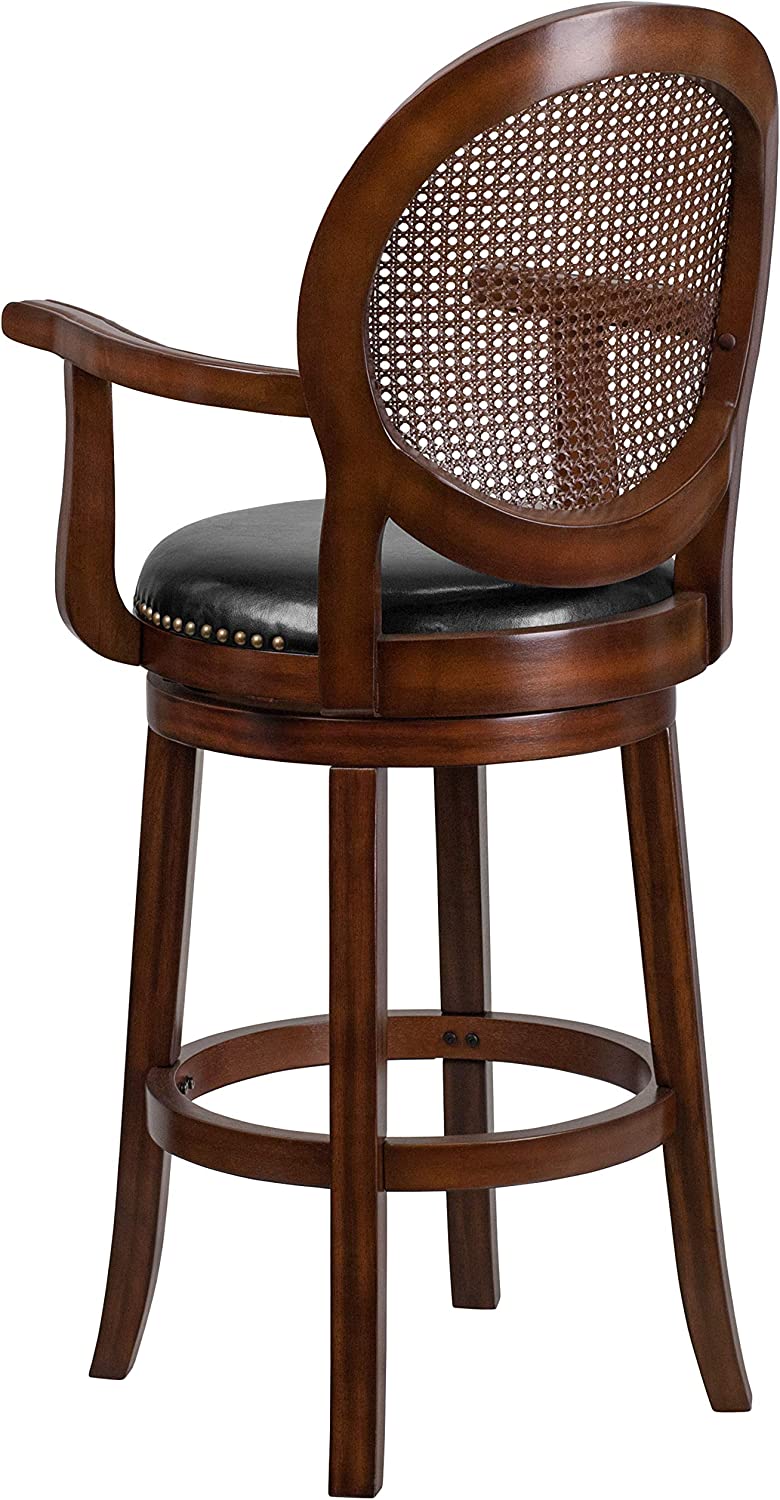 Flash Furniture 30&#39;&#39; High Expresso Wood Barstool with Arms, Woven Rattan Back and Black LeatherSoft Swivel Seat