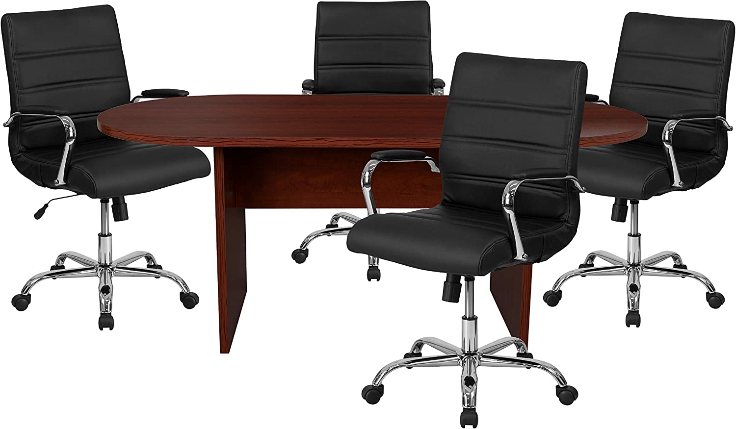Flash Furniture 5 Piece Mahogany Oval Conference Table Set with 4 Black and Chrome LeatherSoft Executive Chairs