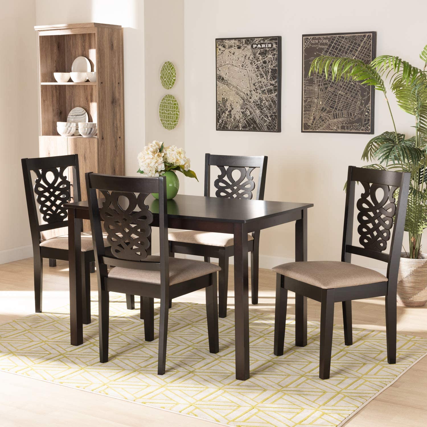 Baxton Studio Gervais Modern and Contemporary Sand Fabric Upholstered and Dark Brown Finished Wood 5-Piece Dining Set