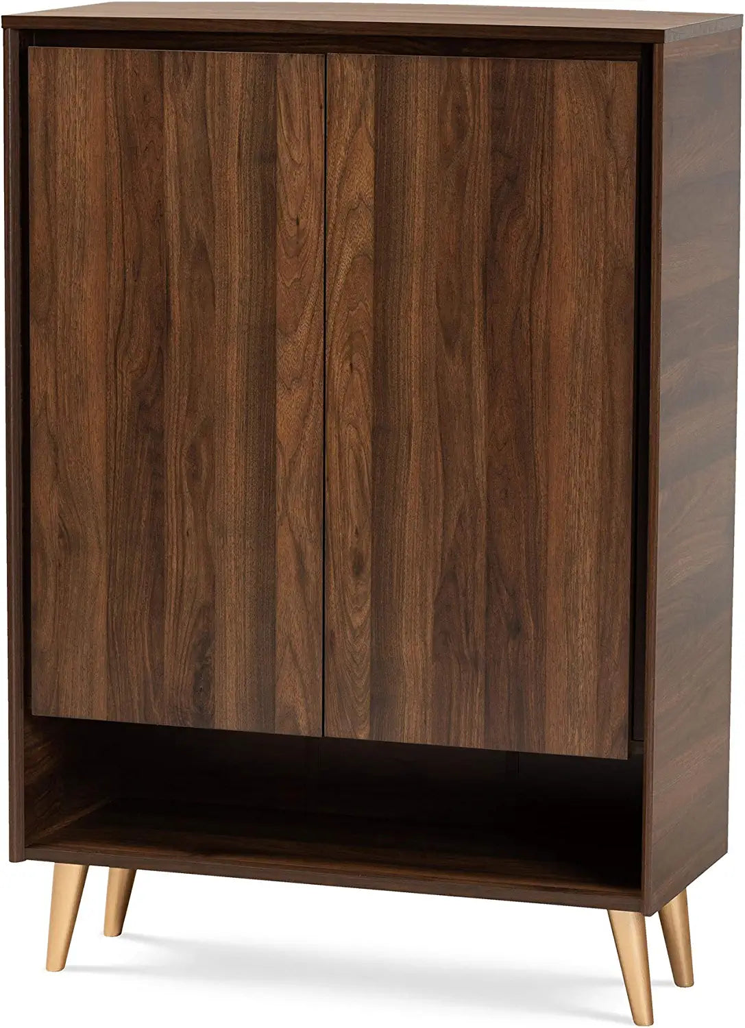 Baxton Studio Landen Mid-Century Modern Walnut Brown and Gold Finished Wood 2-Door Entryway Shoe Storage Cabinet