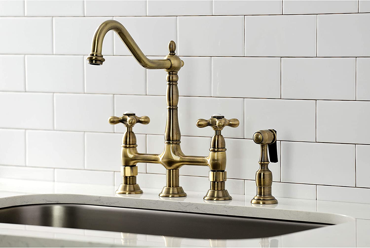 Kingston Brass KS1273AXBS Heritage 8-Inch Kitchen Bridge Faucet with Brass Sprayer, Antique Brass, 8-3/4-Inch