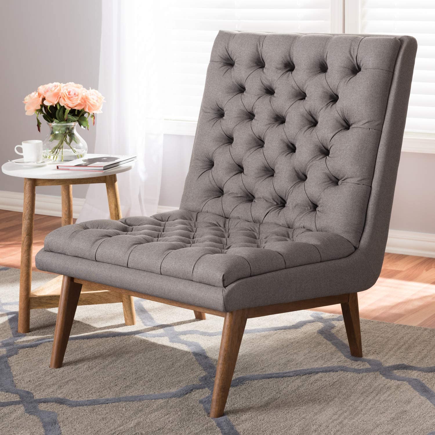 Baxton Studio Annetha Mid-Century Modern Grey Fabric Upholstered Walnut Finished Wood Lounge Chair/Mid-Century/Grey/Medium Wood/Fabric Polyester 100%&#34;/Rubber Wood/Foam
