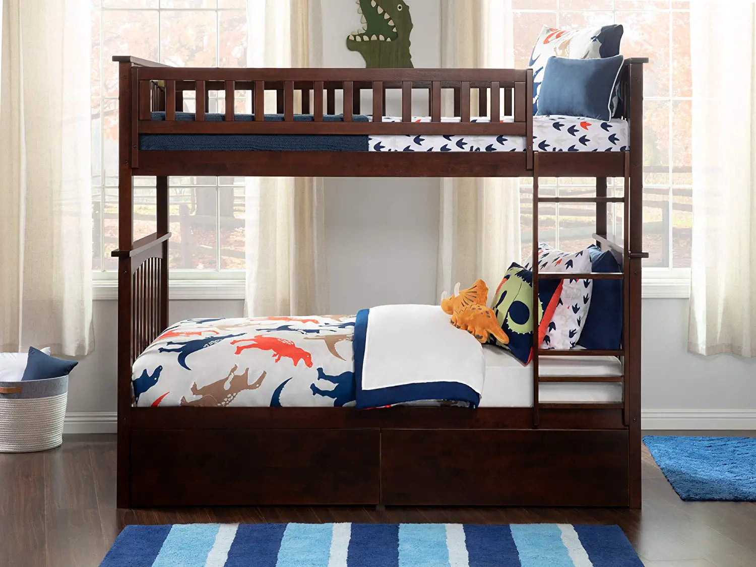 Columbia Bunk Bed Twin over Twin with 2 Urban Bed Drawers in Walnut