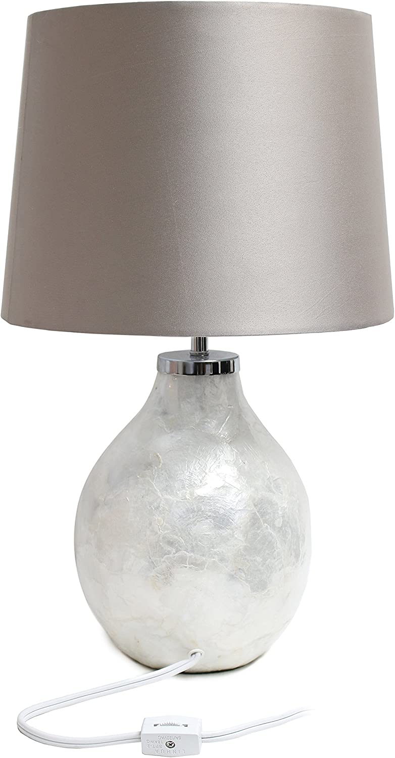 Simple Designs LT3304-PRL 1 Light White Cream Iridescent Pearl Table Lamp with Light Brown Mocha Tan Fabric Shade