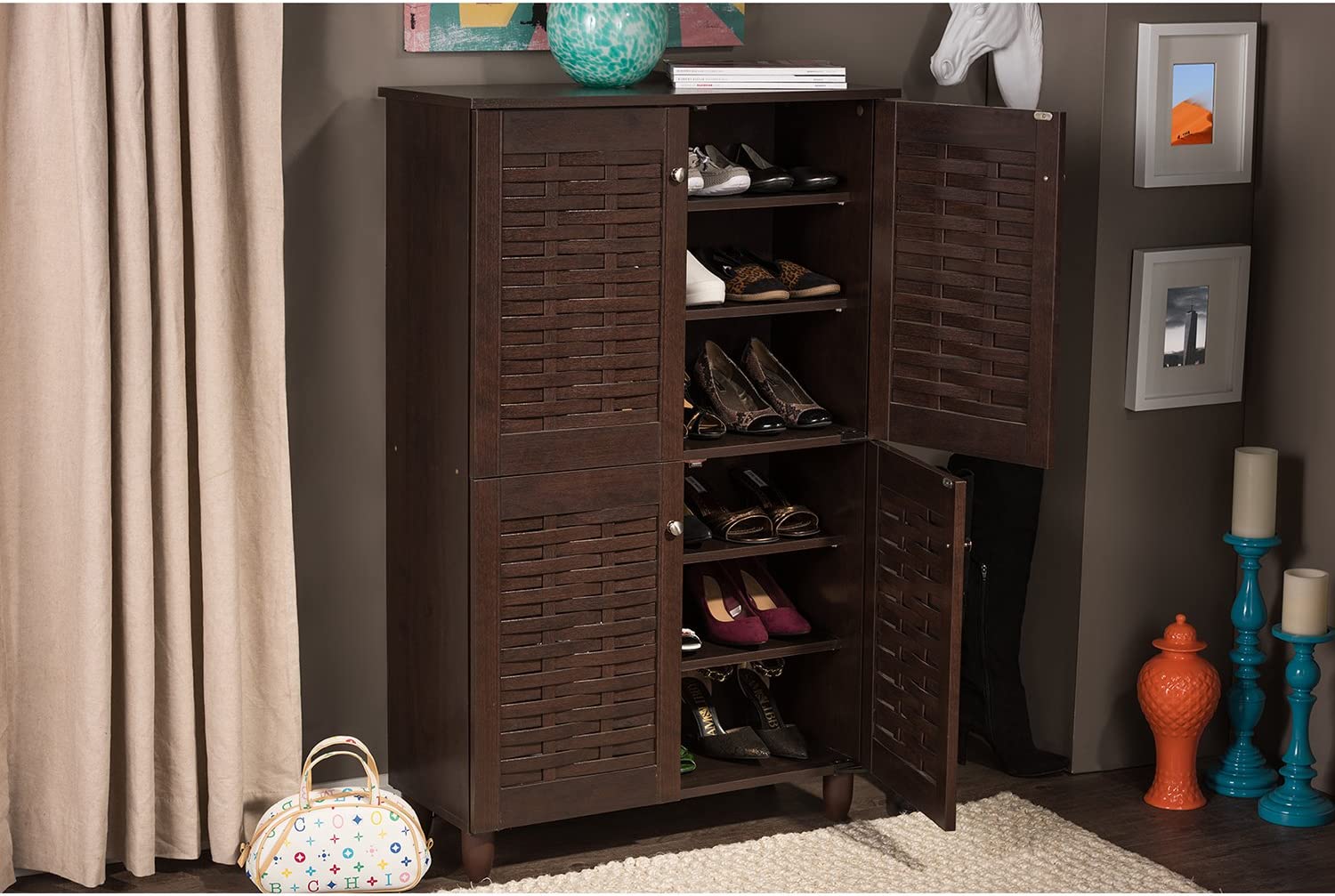 Wholesale Interiors Baxton Studio Winda Modern and Contemporary 4-Door Dark Brown Wooden Entryway Shoes Storage Cabinet