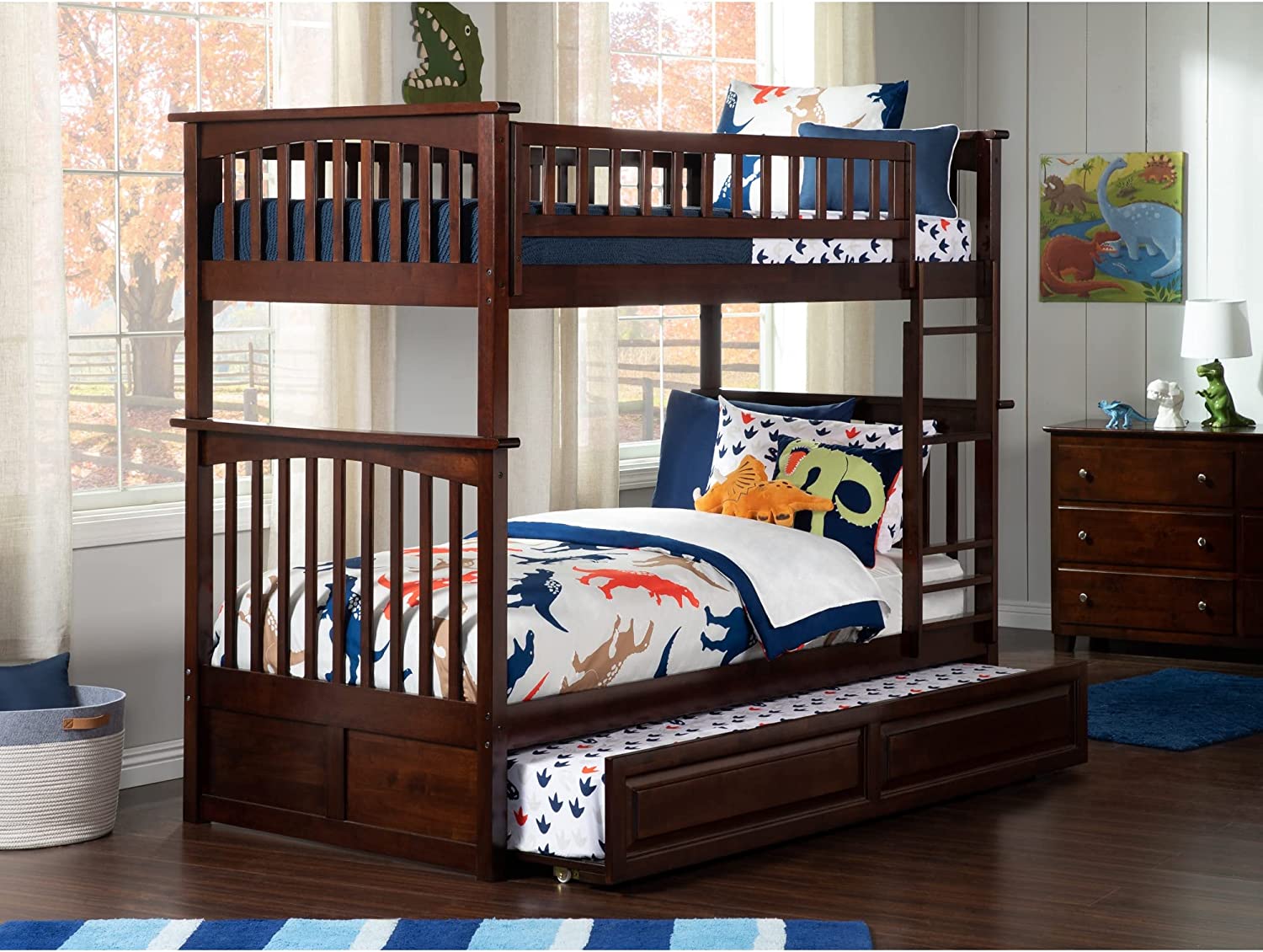 Atlantic Furniture Columbia Twin Over Twin Bunk Bed with Twin Size Raised Panel Trundle Bed in Walnut