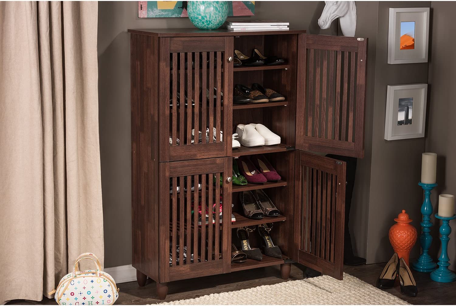 Baxton Studio Wholesale Interiors Fernanda Modern and Contemporary 4-Door Oak Brown Wooden Entryway Shoes Storage Tall Cabinet