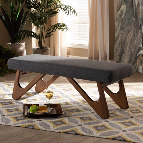 Baxton Studio Rika Mid-Century Modern Dark Grey Fabric Upholstered Walnut Brown Finished Boomerang Bench