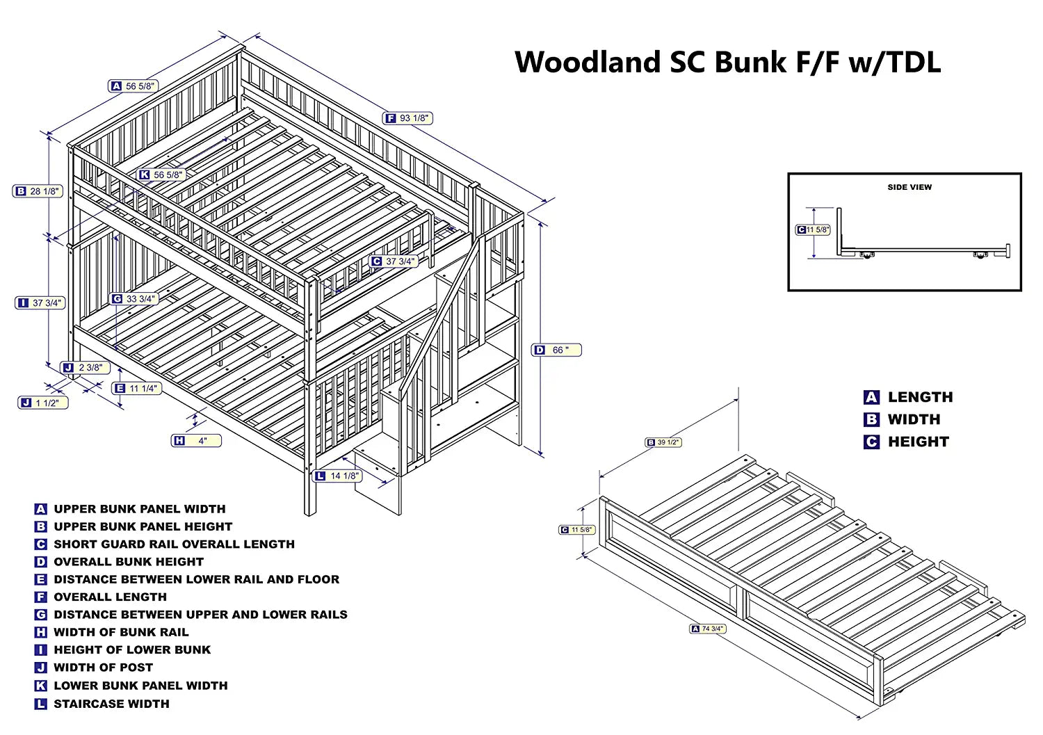 Woodland Staircase Bunk Full over Full with Turbo Charger and Twin Size Raised Panel Trundle in Walnut