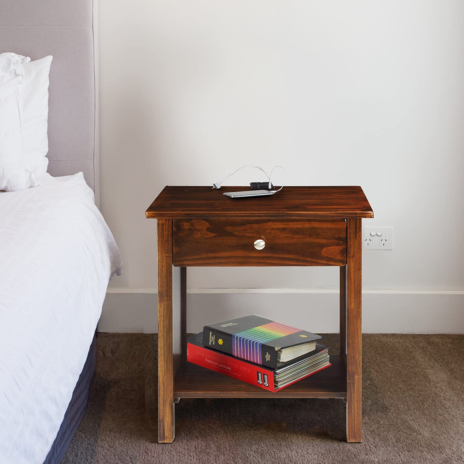 Casual Home Vanderbilt Nightstand with USB Ports-Warm Brown