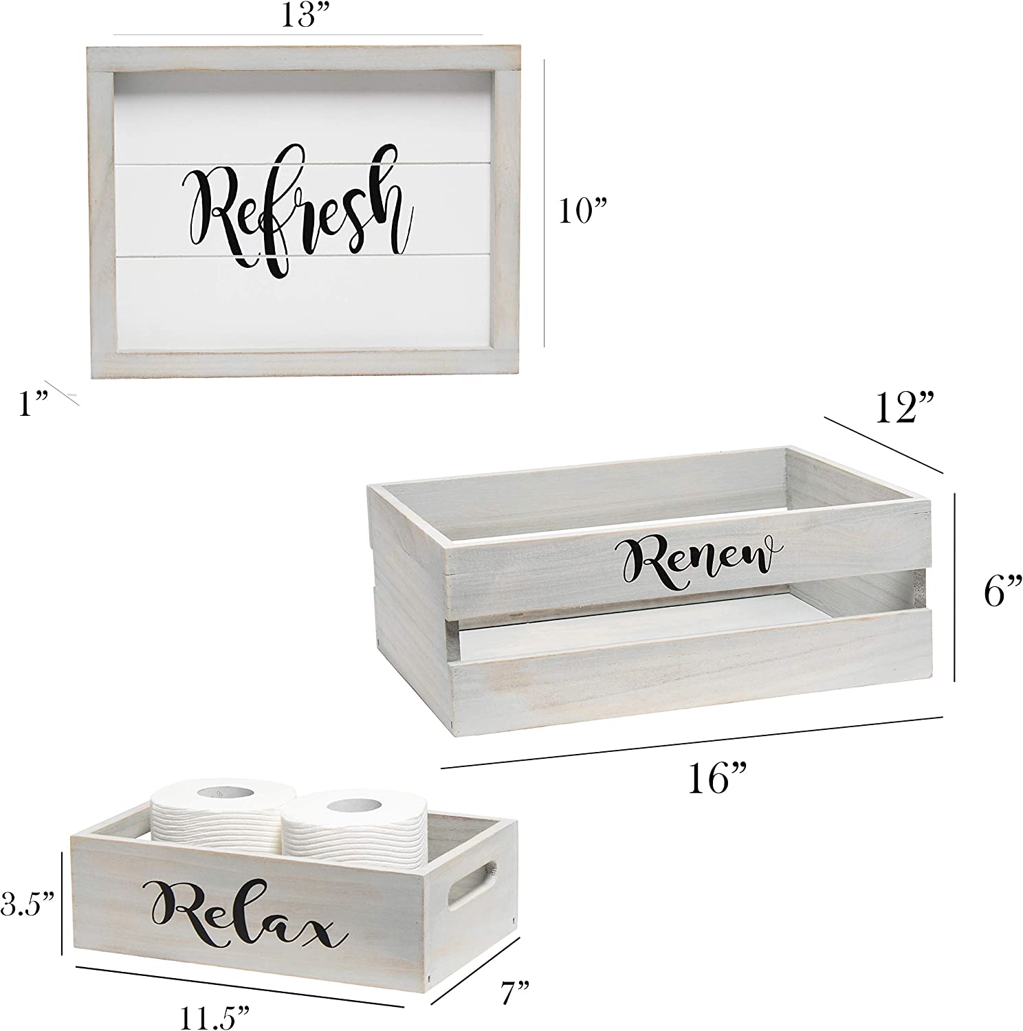 Elegant Designs HG3100-WBH Three Piece Decorative Wood Bathroom Set Towel Frame, 1 Toilet Paper Holder, Coastal/Beach/Small