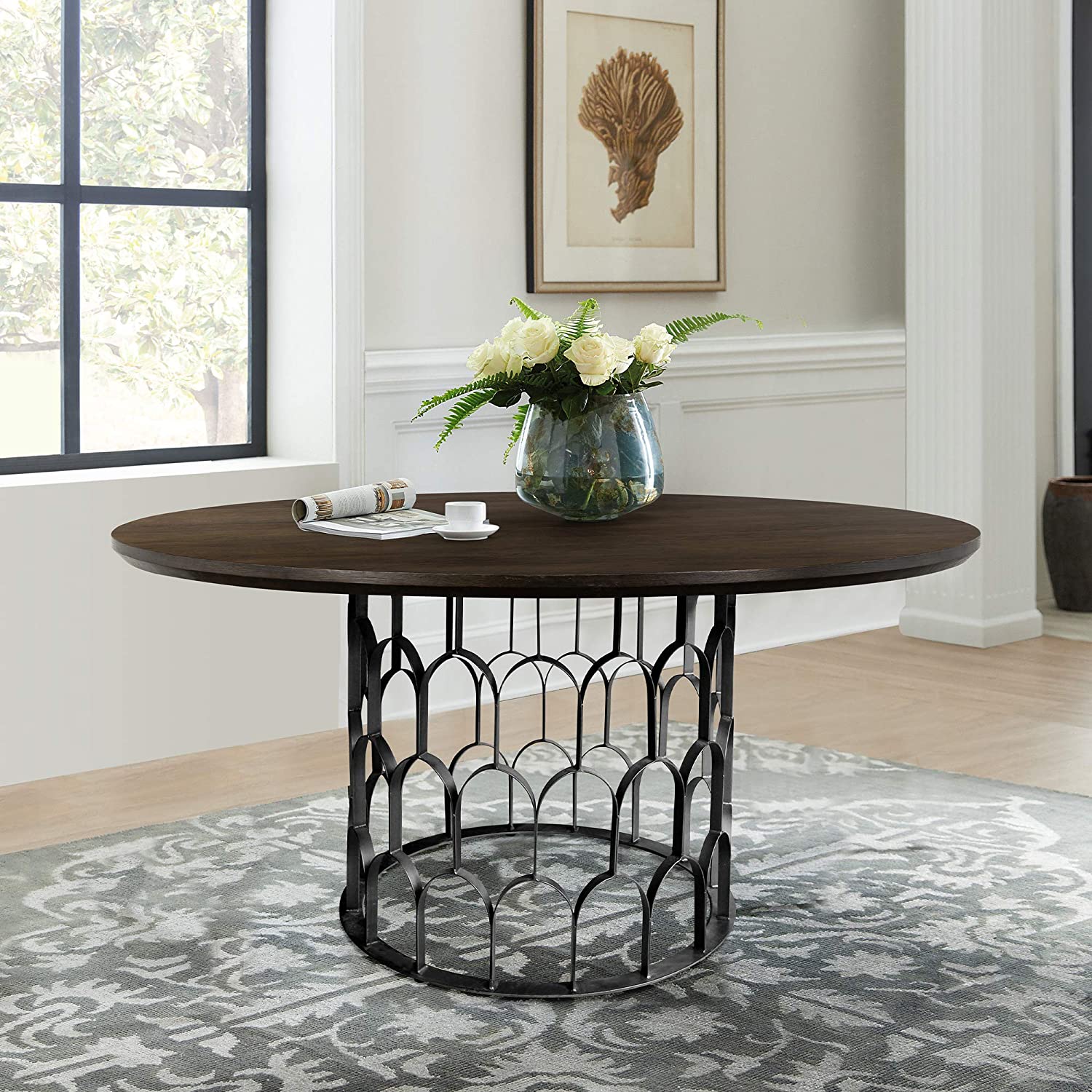 Gatsby Oak Wood and Metal Dining Room Kitchen Table, 55" Wide