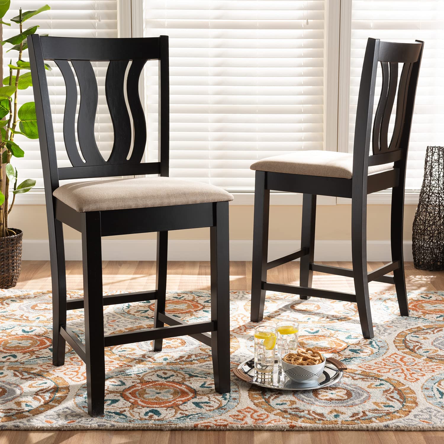 Baxton Studio Fenton Modern and Contemporary Transitional Sand Fabric Upholstered and Dark Brown Finished Wood 2-Piece Counter Stool Set