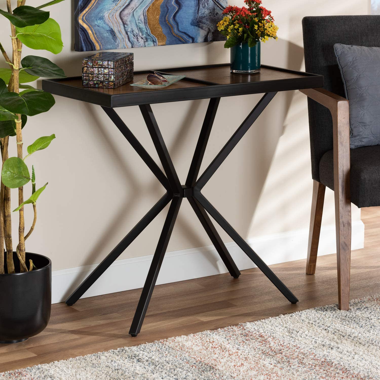 Baxton Studio Carlo Modern and Contemporary Walnut Finished Wood and Black Finished Metal Console Table
