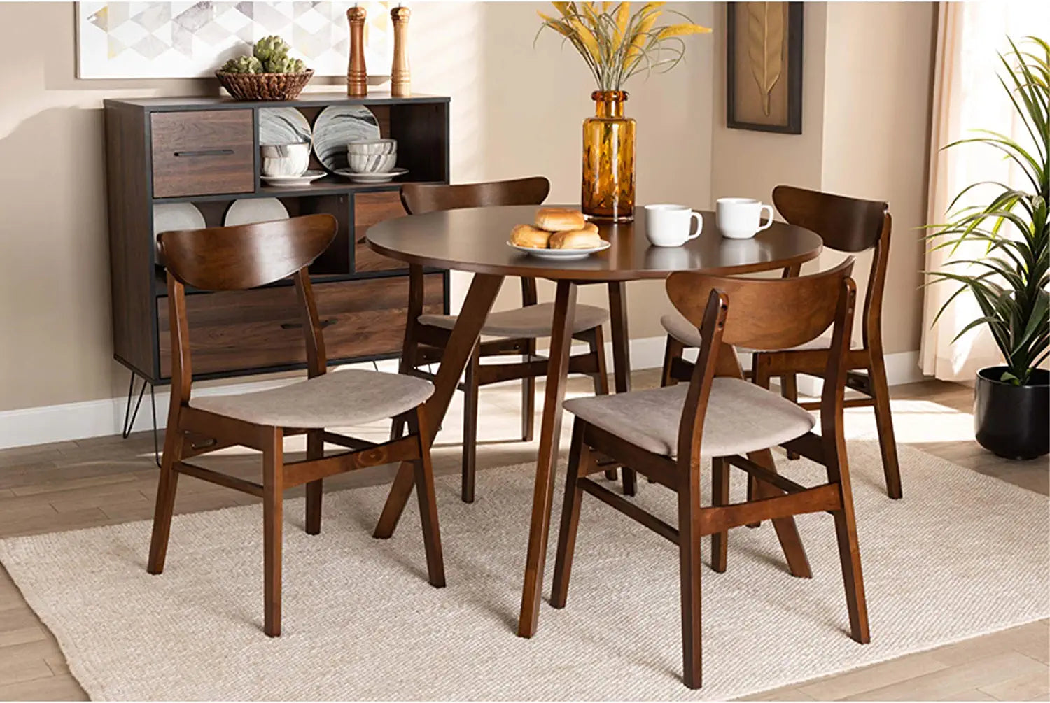 Baxton Studio Philip Mid-Century Modern Transitional Light Beige Fabric Upholstered and Walnut Brown Finished Wood 5-Piece Dining Set