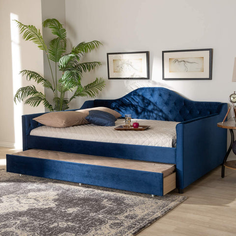 Baxton Studio Perry Modern and Contemporary Royal Blue Velvet Fabric Upholstered and Button Tufted Full Size Daybed with Trundle