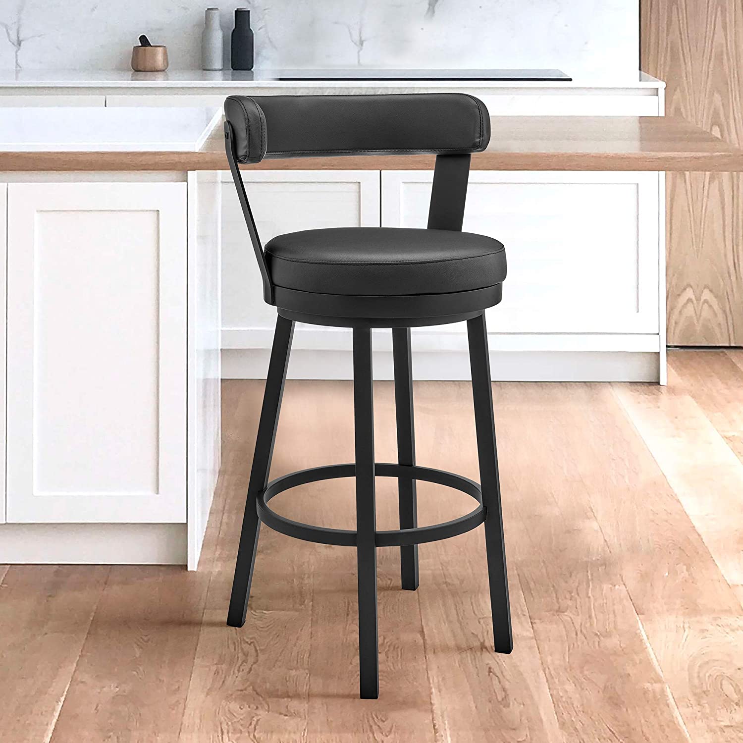 Kobe 30&#34; Bar Height Swivel Bar Stool in Black Finish and Black Faux Leather