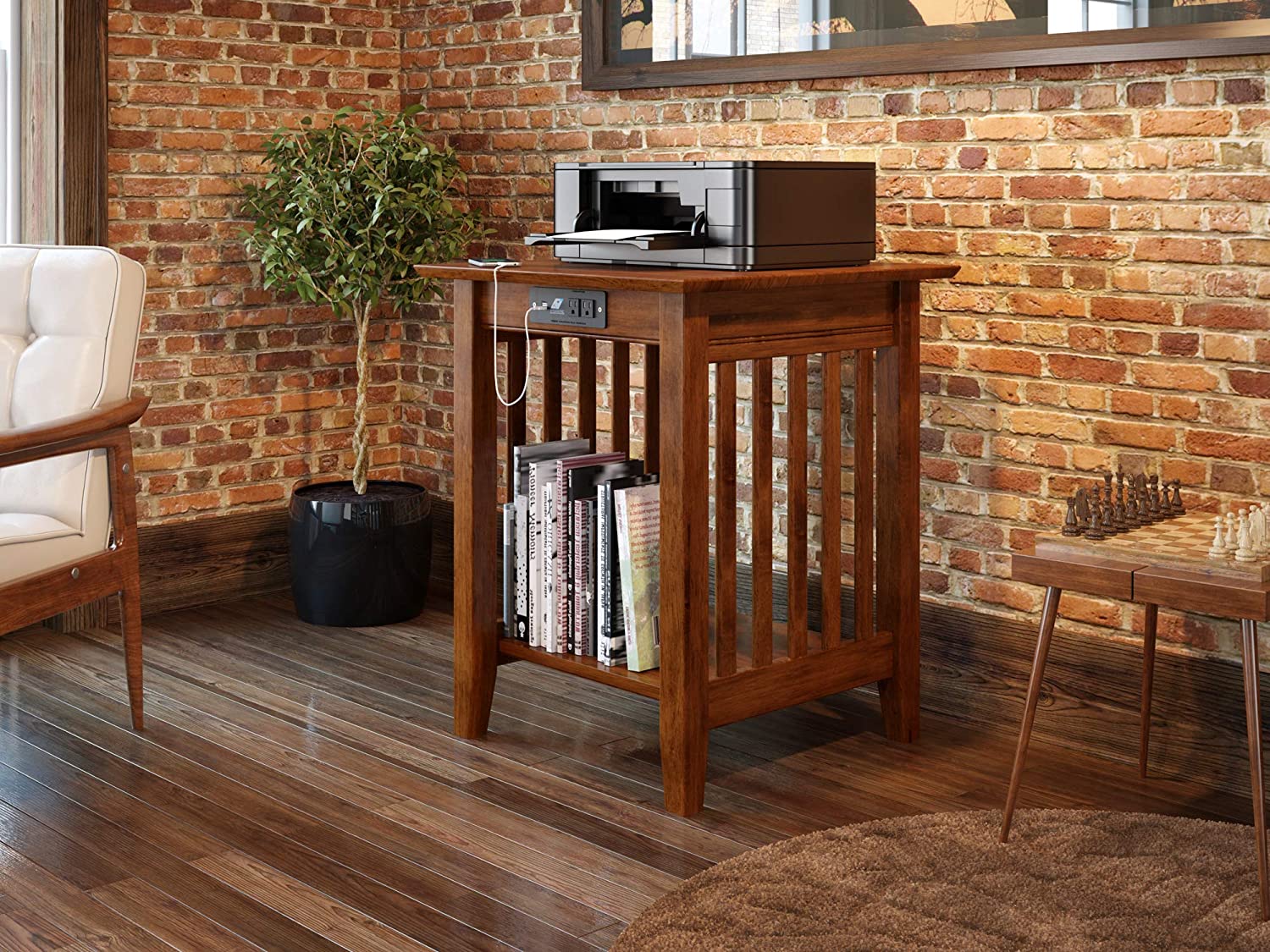 AFI Mission Printer Stand with Charging Station, Walnut