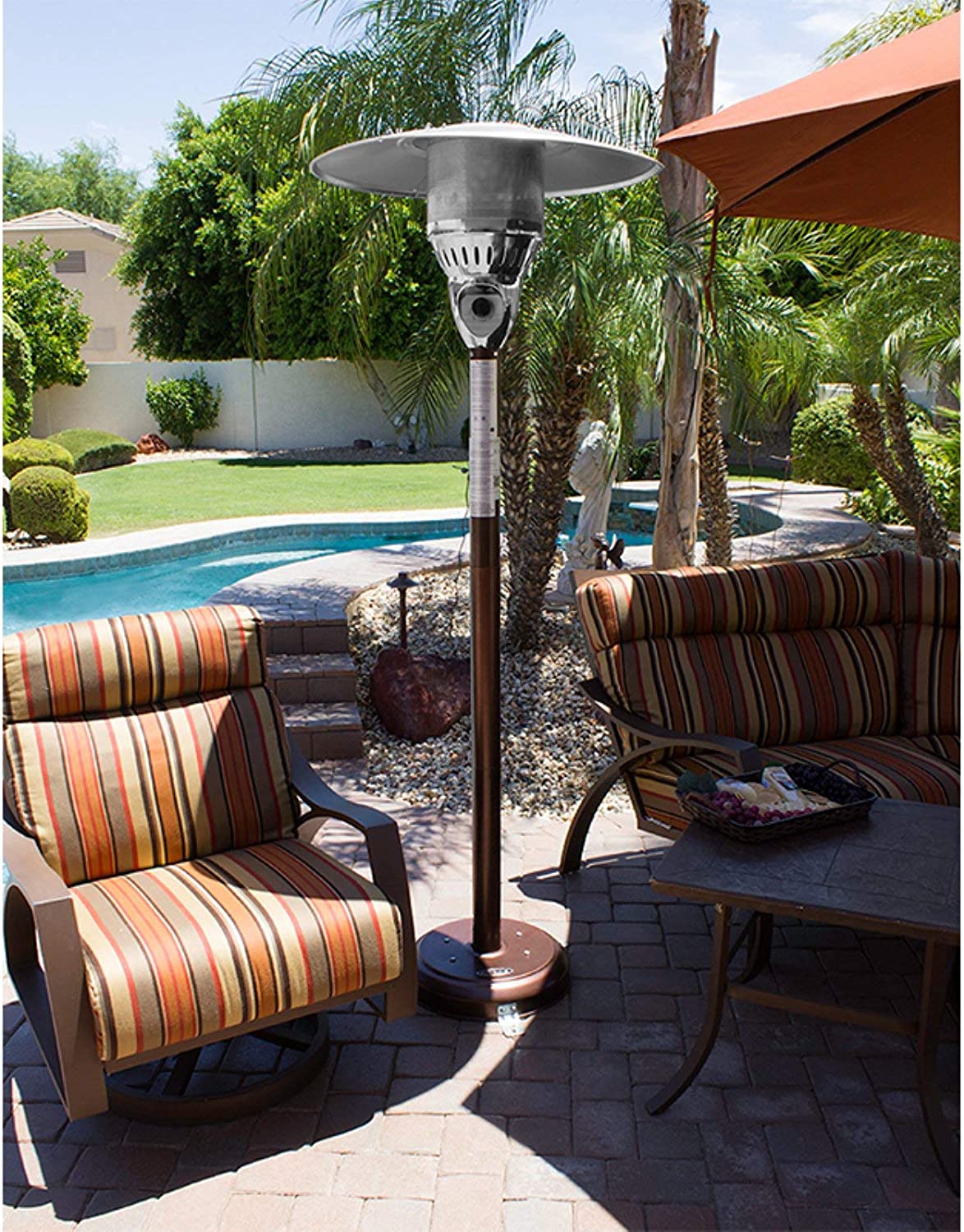 Hiland NG-HB Tall Natural G as Patio Heater, 41,000 BTU, 33&#34; Heat Shield, Built In Ground Fixtures, Hammered Bronze/SS