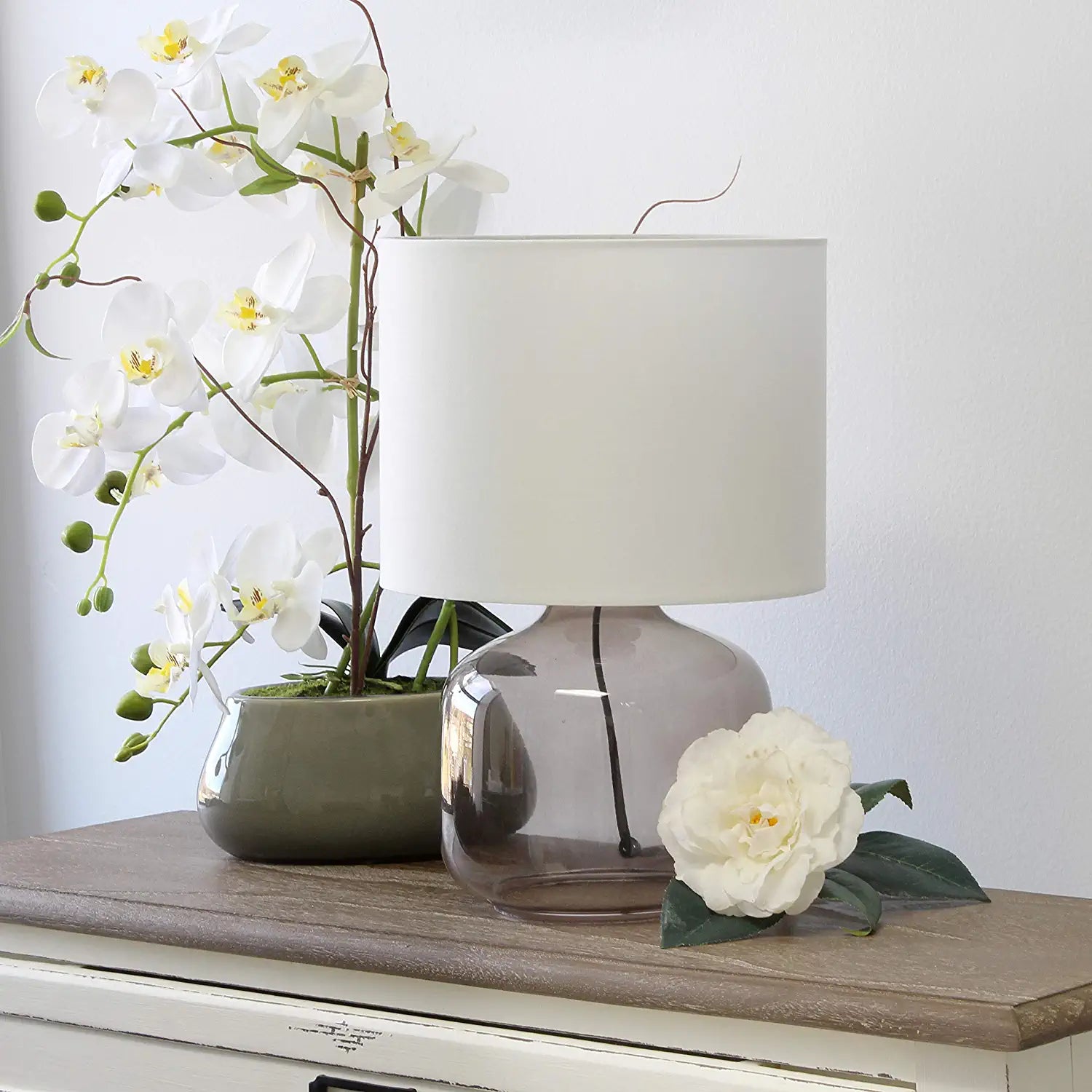 Simple Designs Glass Table Lamp with Fabric Shade, Smoke with White Shade