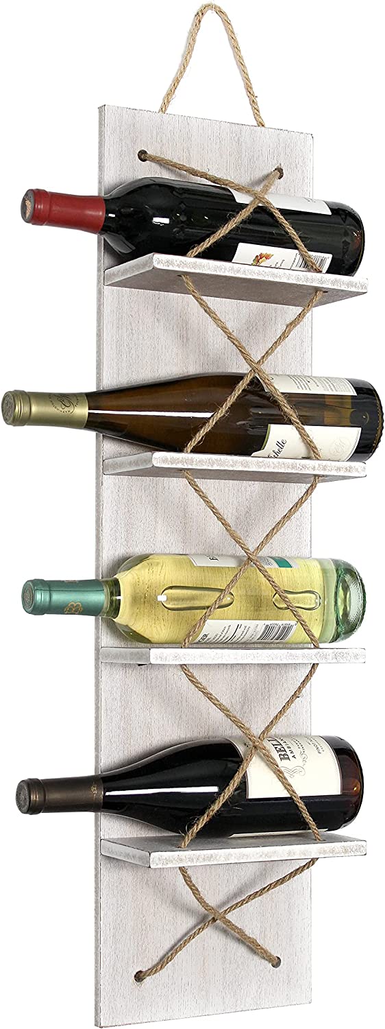Elegant Designs HG1019-WWH Positano Nautical Rope 4 Bottle Vertical Wall Mounted Wood Wine Rack, White Wash
