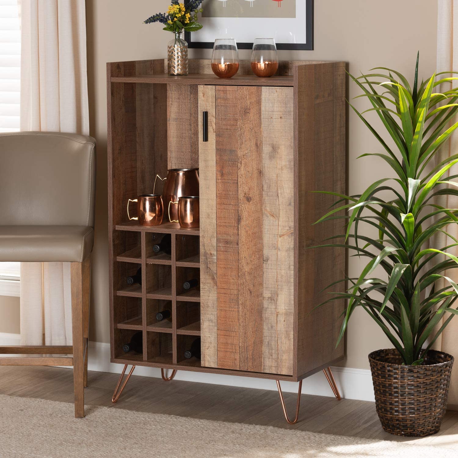 Baxton Studio Mathis Modern and Contemporary Rustic Brown Finished Wood and Rose Gold Finished Metal Wine Storage Cabinet