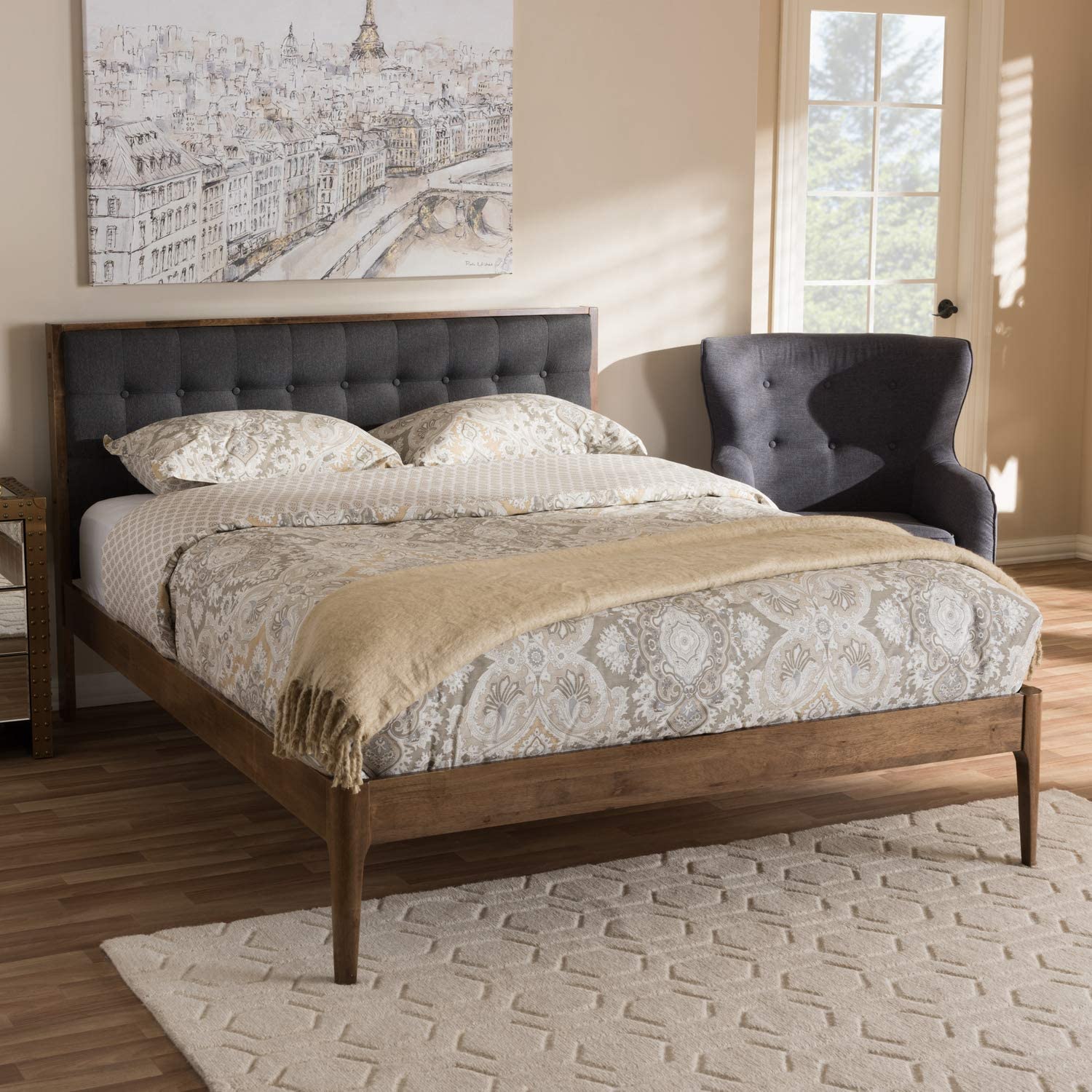 Jupiter Gray Fabric Button-Tufted King Platform Bed