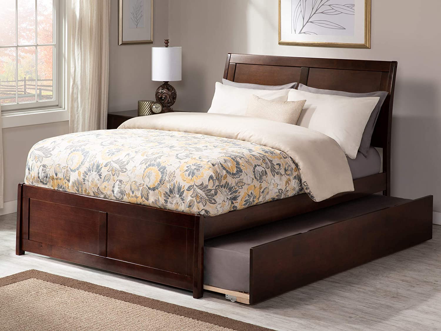 AFI Portland Platform Bed with Matching Footboard and Turbo Charger with Twin Size Urban Trundle, Full, Walnut