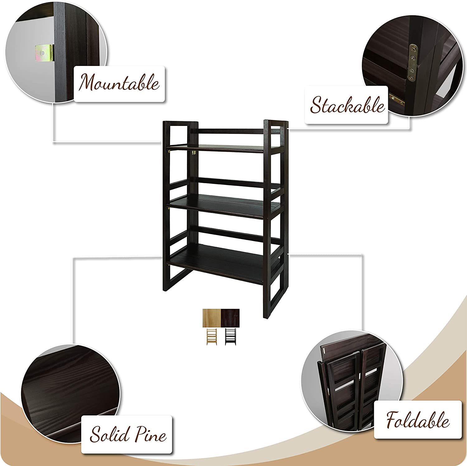 Casual Home 3-Shelf Folding Student Bookcase (20.75&#34; Wide)-Espresso