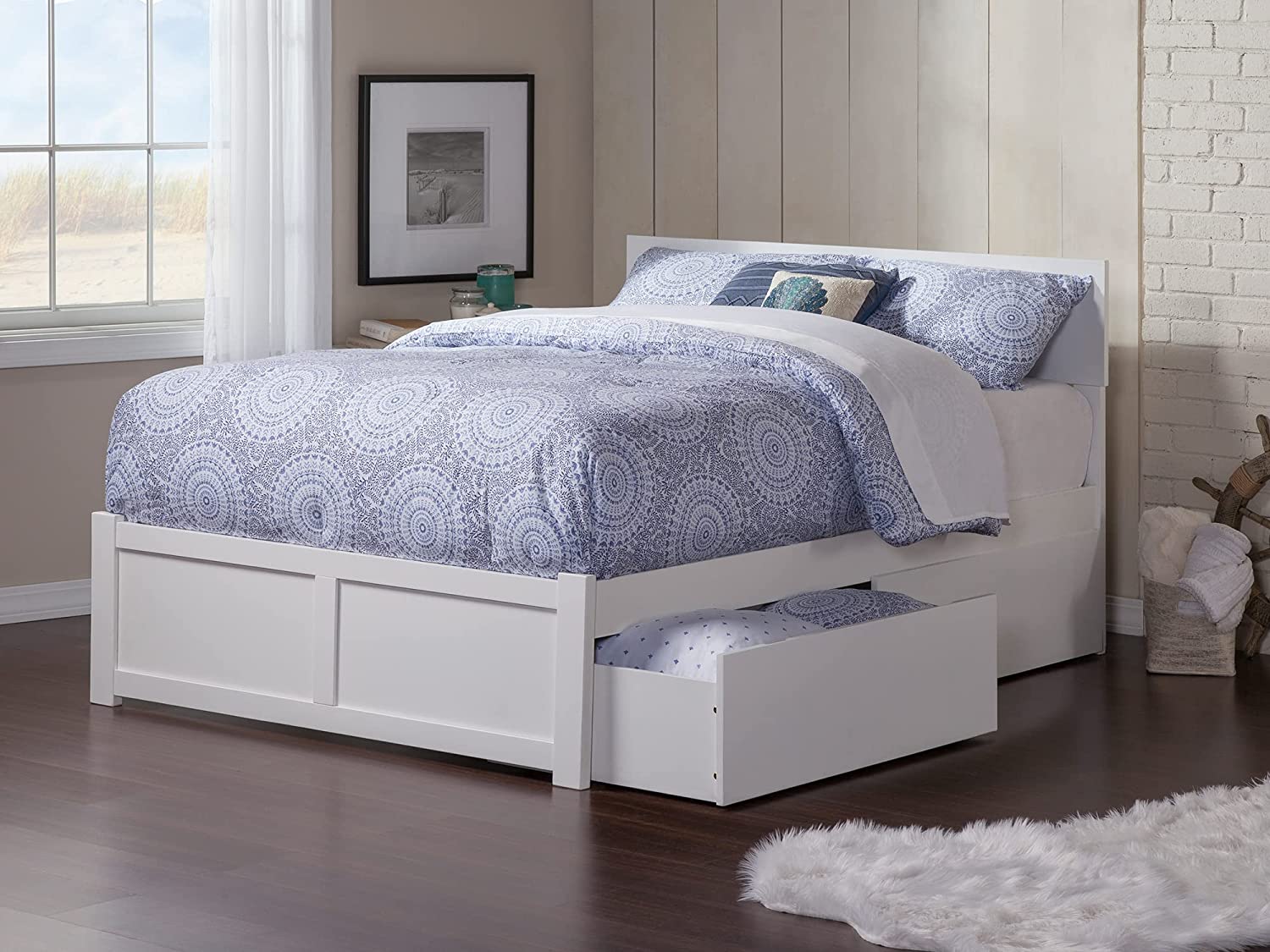 AFI Orlando Platform Flat Panel Footboard and Turbo Charger with Urban Bed Drawers, Full, White