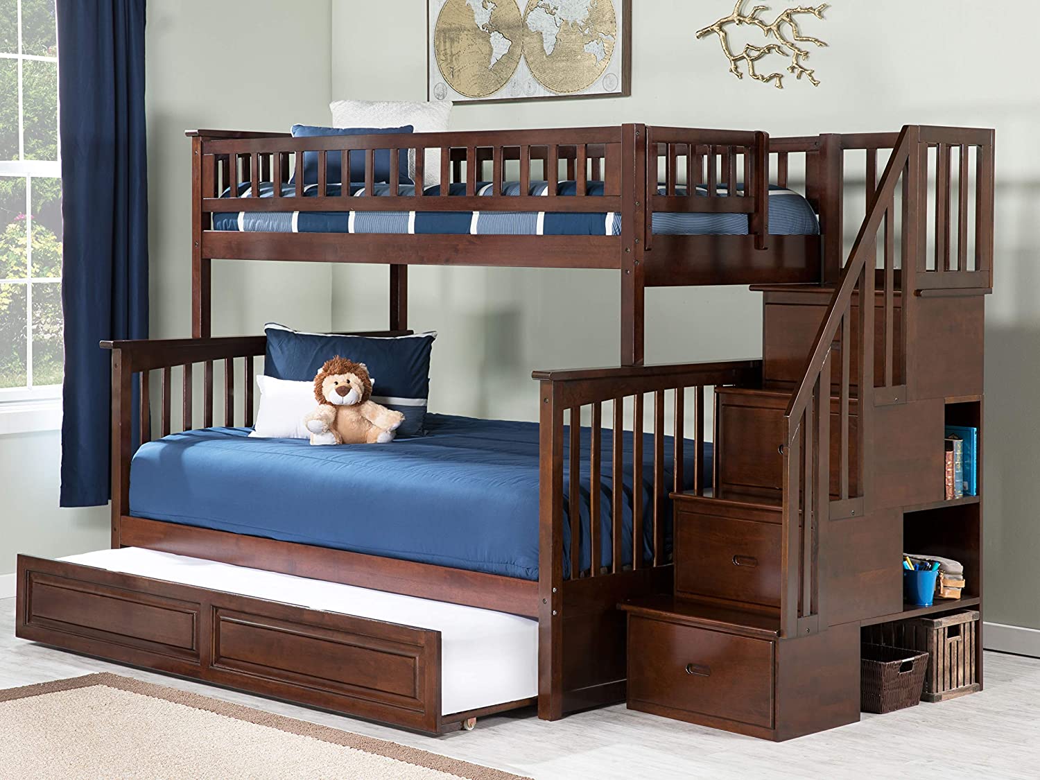 AFI Columbia Staircase Bunk with Turbo Charger and Twin Size Raised Panel Trundle, Full, Walnut