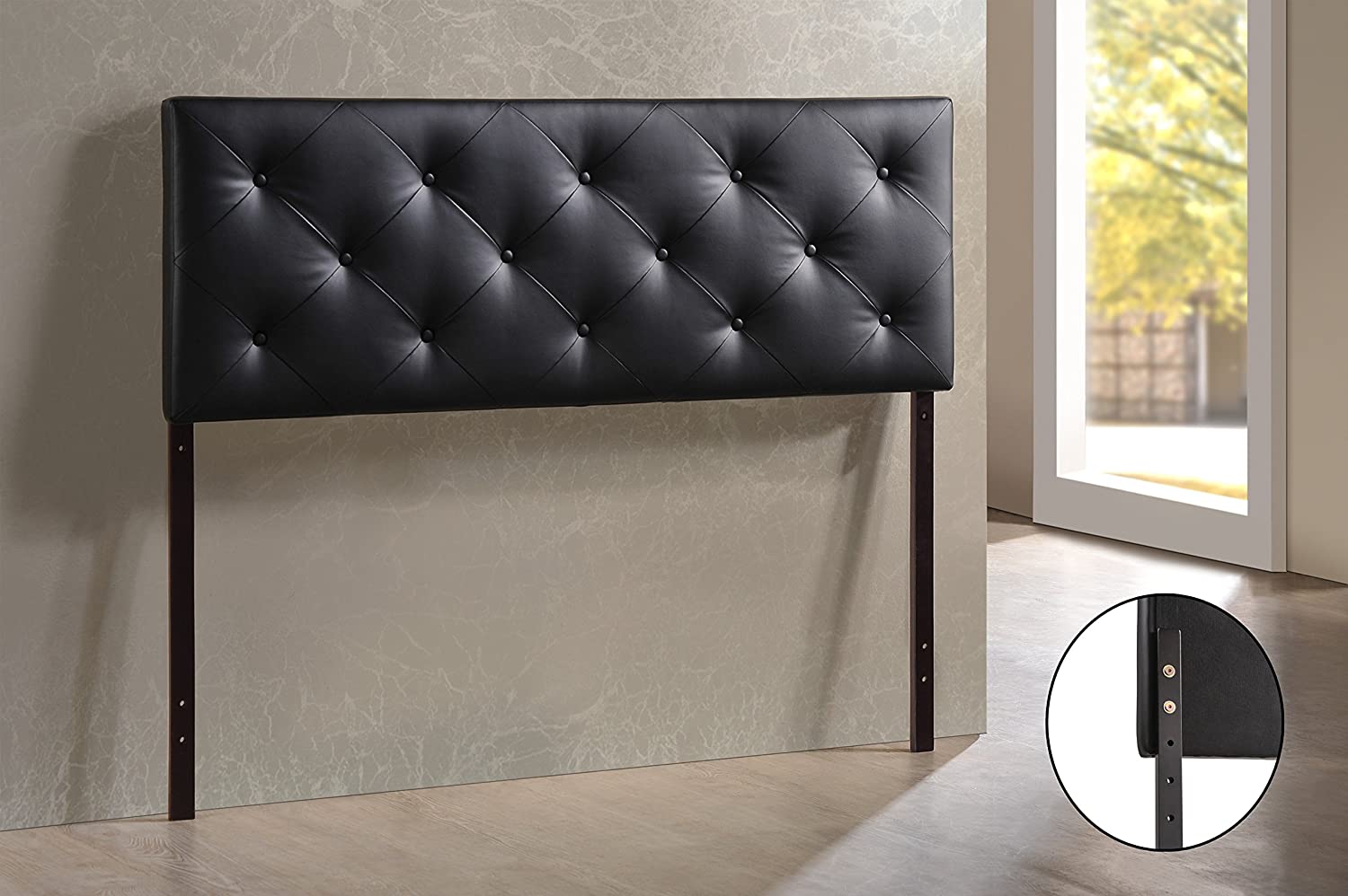 Bored with your bedroom. Need to perk up that platform bed Add the look of leather. Our king size black faux leather headboard boasts button-tufted distinction that contrasts sharply with just about any wall. Rubberwood frame with foam padding provides a