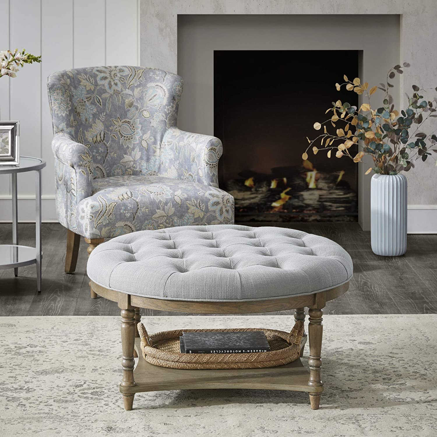 Martha Stewart Cedric Round Coffee Table - Solid Wood Legs,Button Tufted Top Cocktail Ottoman with Lower Shelf,Modern Contemporary Style Accent Footstool Living Room Furniture,36"Diameter x 19"H, Grey