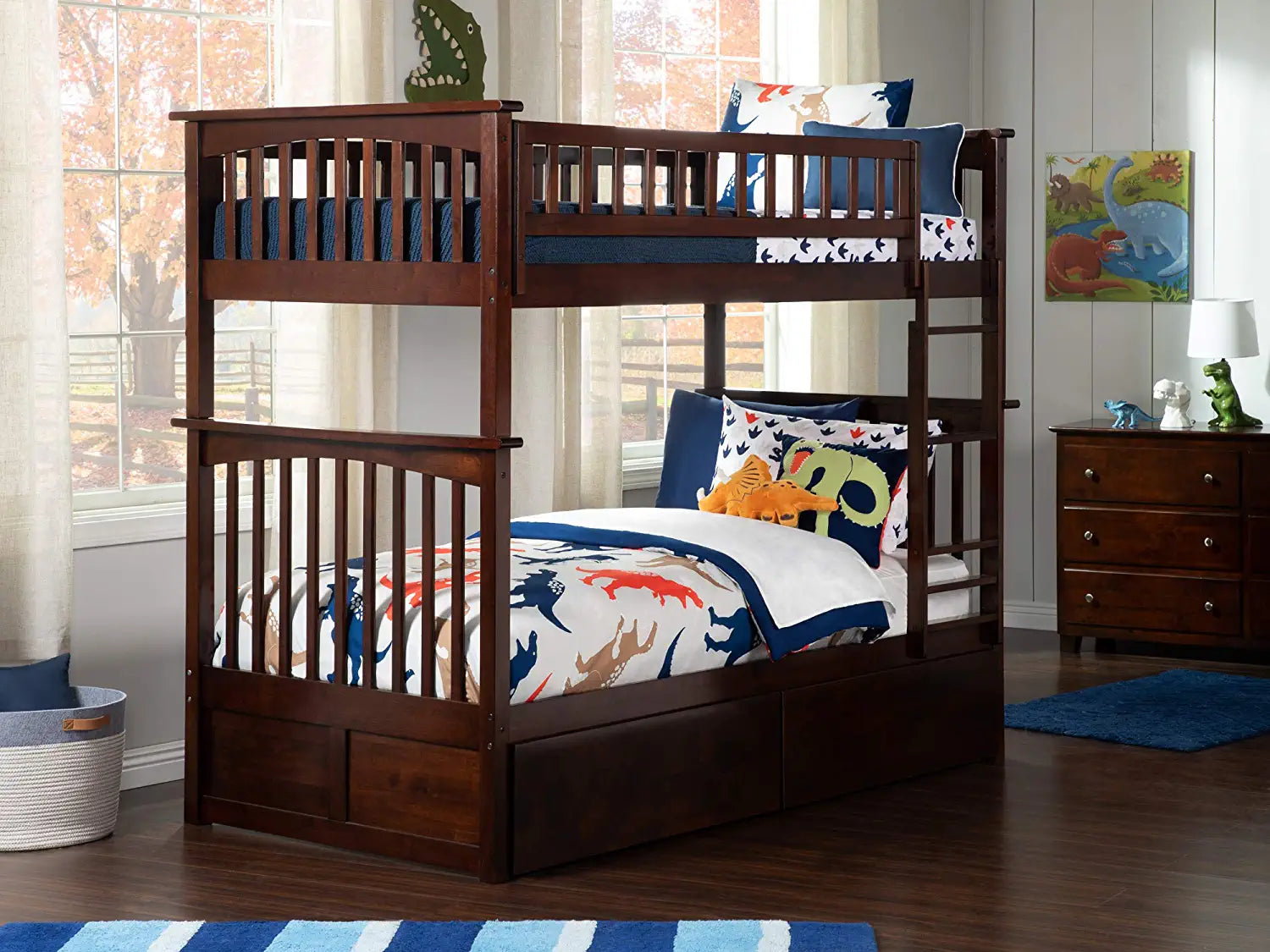 Columbia Bunk Bed Twin over Twin with 2 Urban Bed Drawers in Walnut