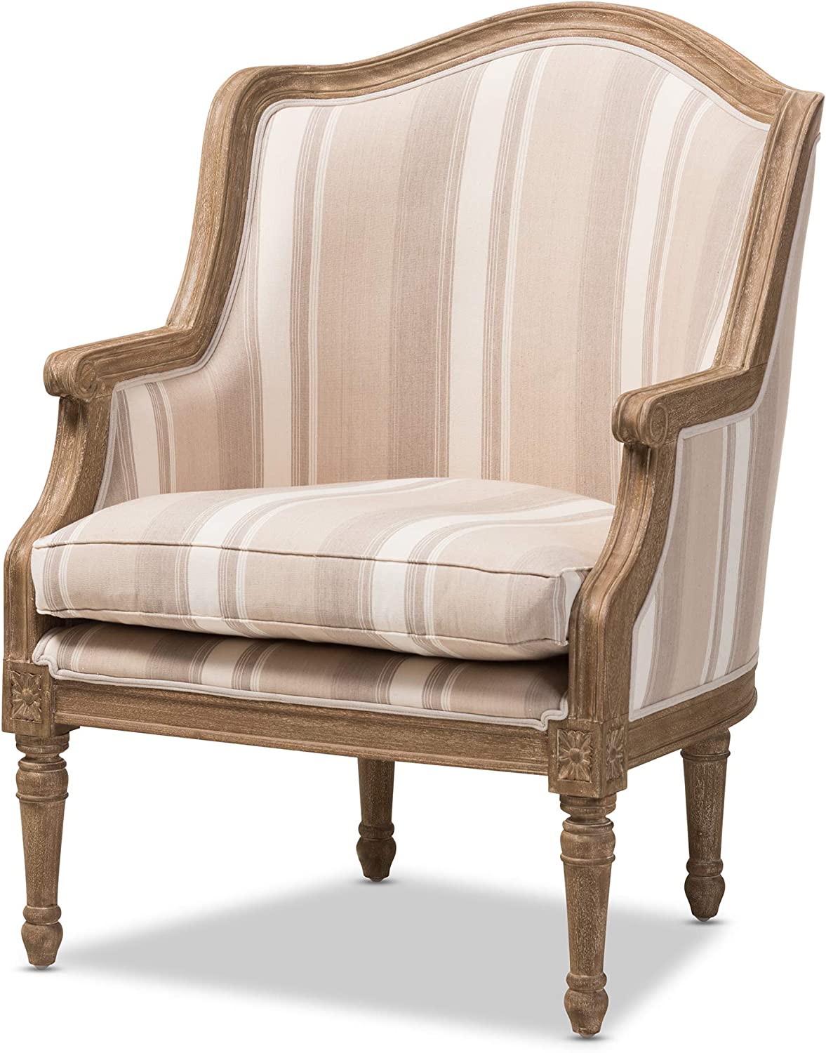 Baxton Studio Striped Charlemagne Traditional French Accent Chair, Oak Brown