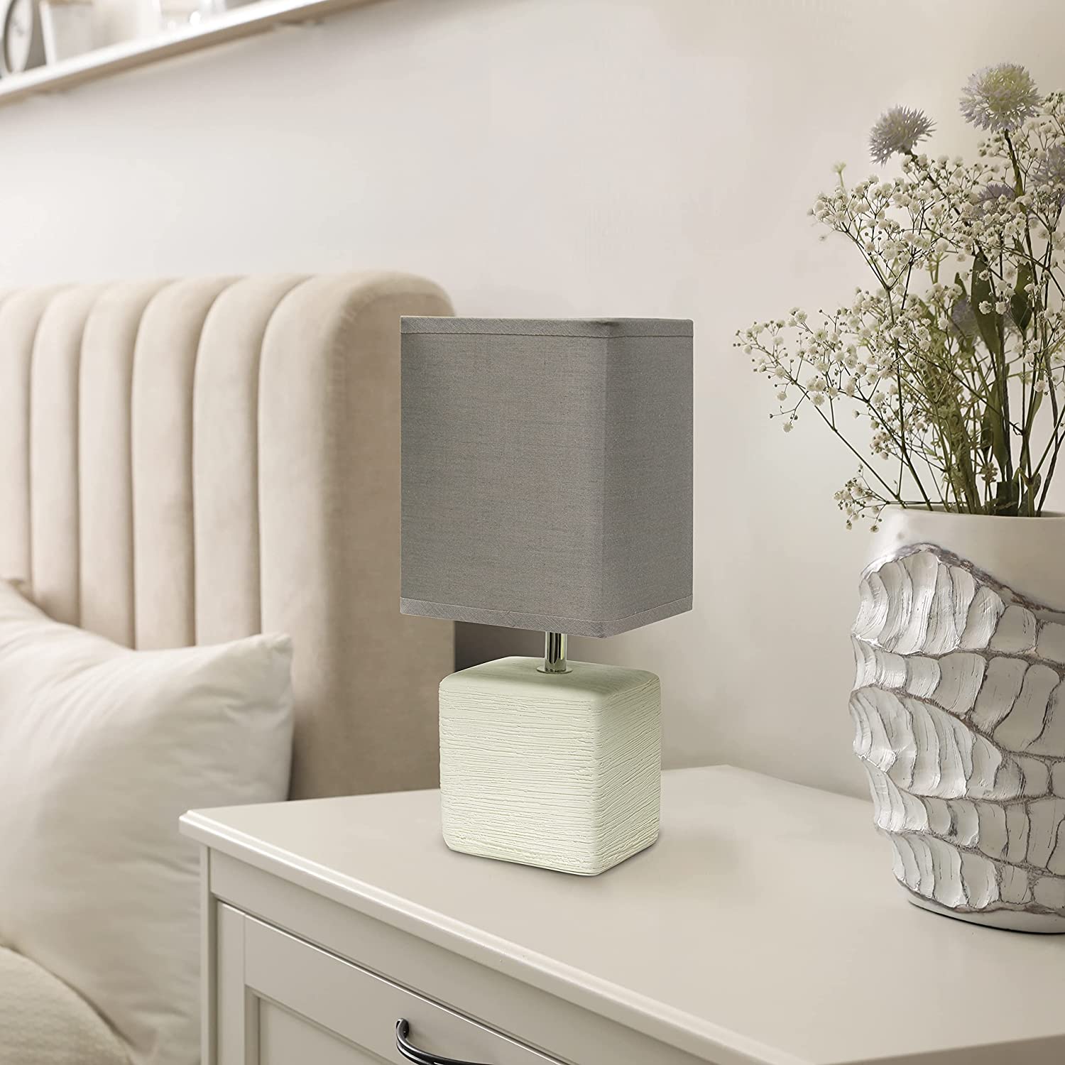 Simple Designs Petite Faux Stone Table Lamp with Fabric Shade, Off White with Gray Shade