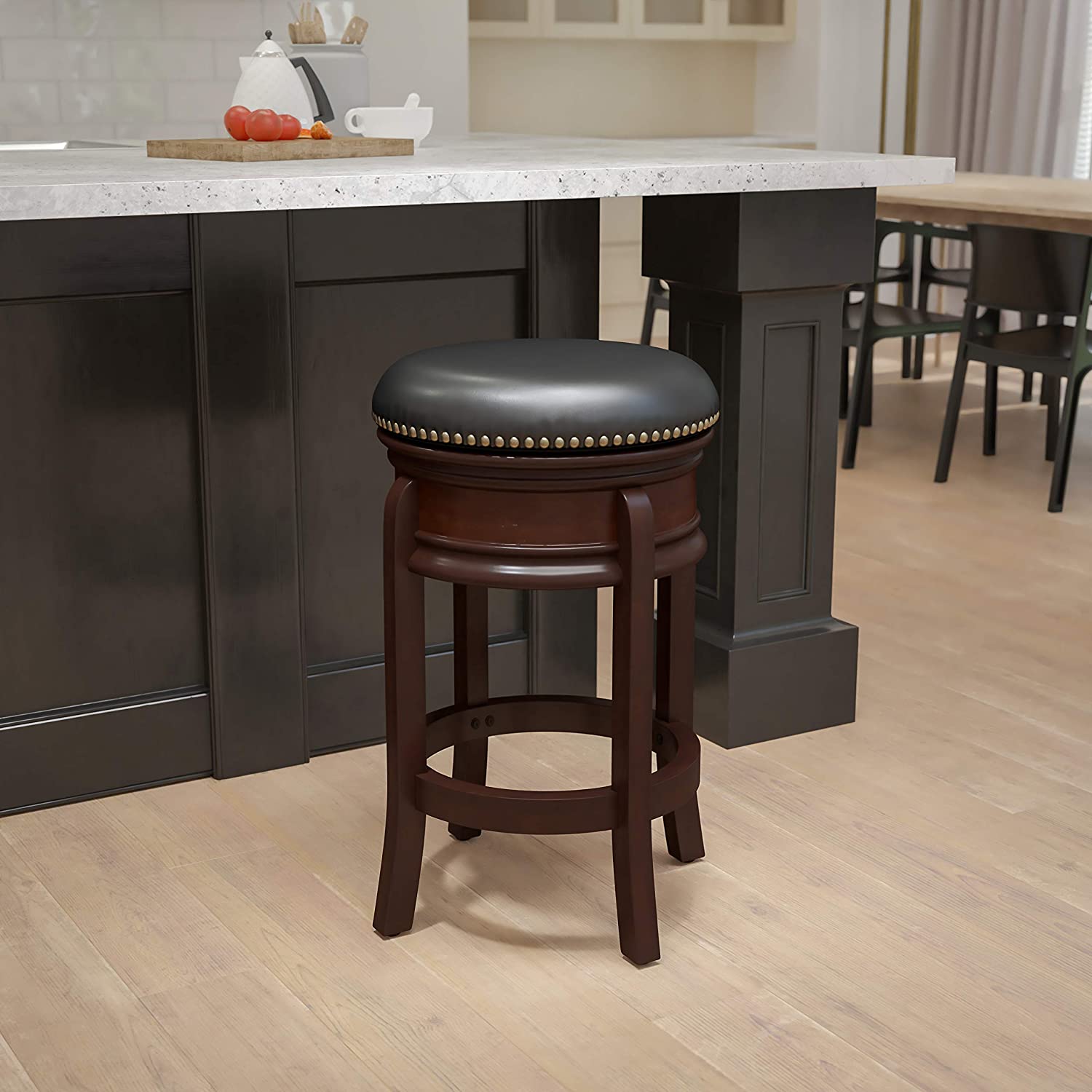 Flash Furniture 24&#39;&#39; High Backless Cappuccino Wood Counter Height Stool with Carved Apron and Black LeatherSoft Swivel Seat