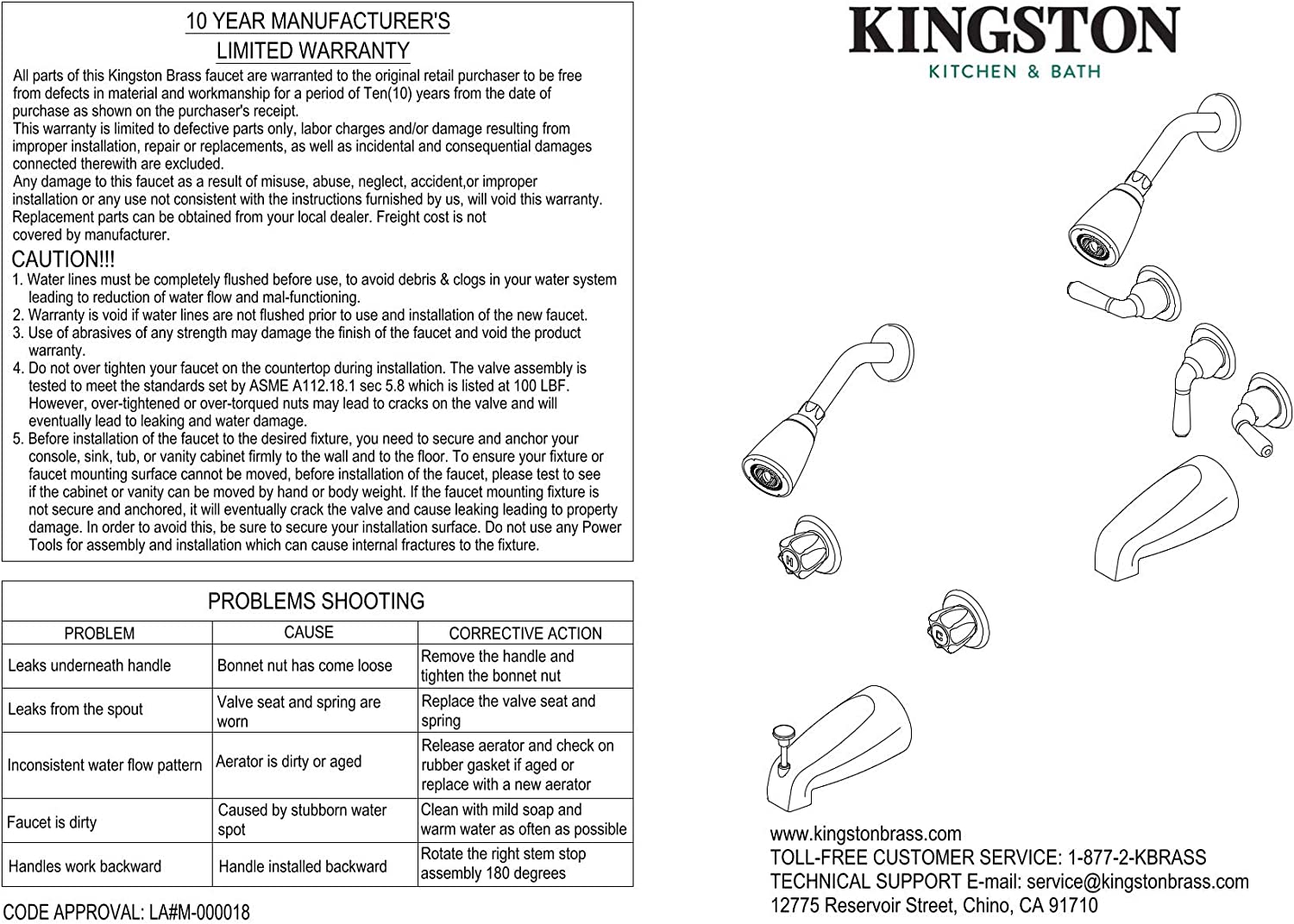 Kingston Brass KB232AX Tub and Shower Faucet with Three Cross Handles, Polished Brass 5-Inch Spout Reach