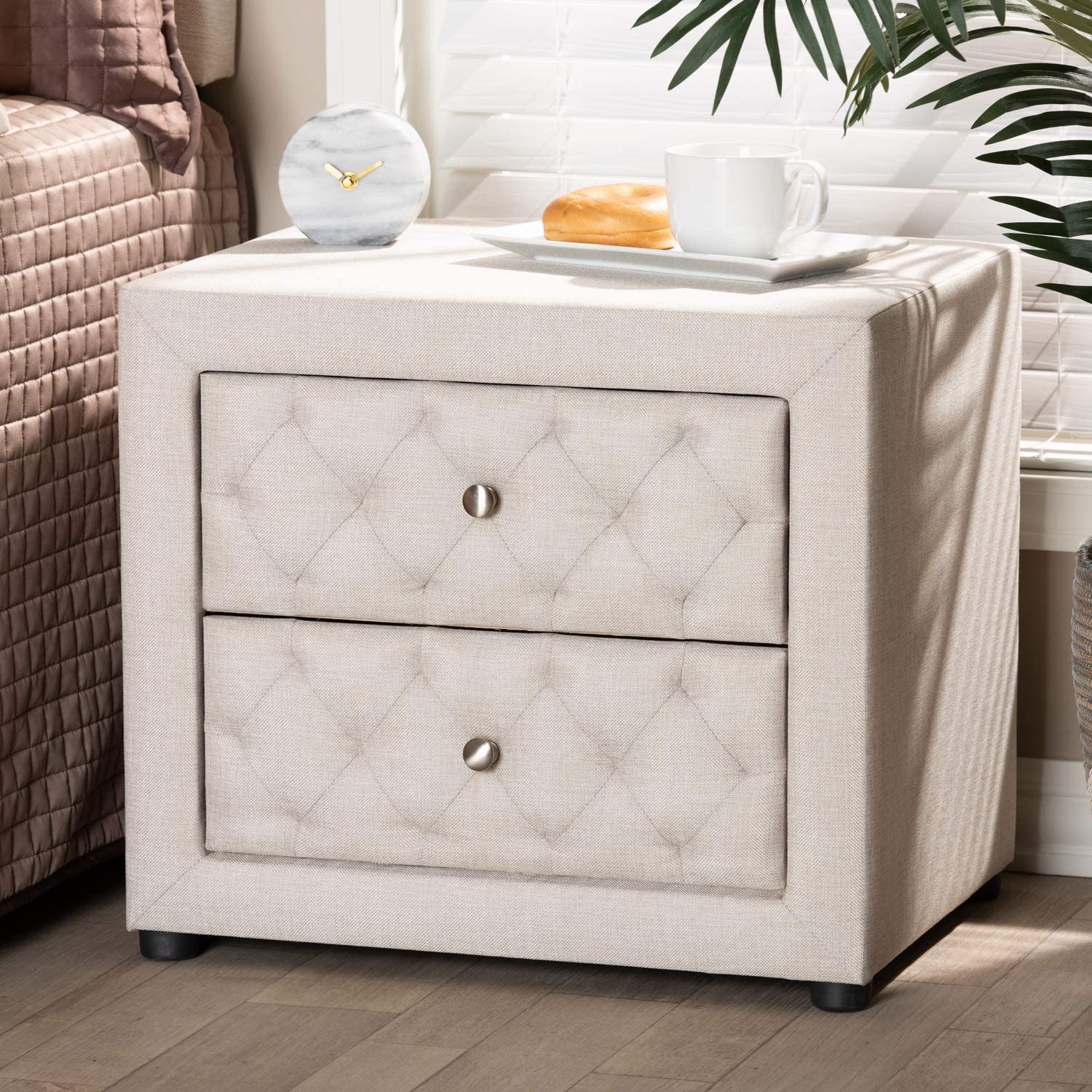 Baxton Studio Lepine Modern and Contemporary Light Beige Fabric Upholstered 2-Drawer Wood Nightstand