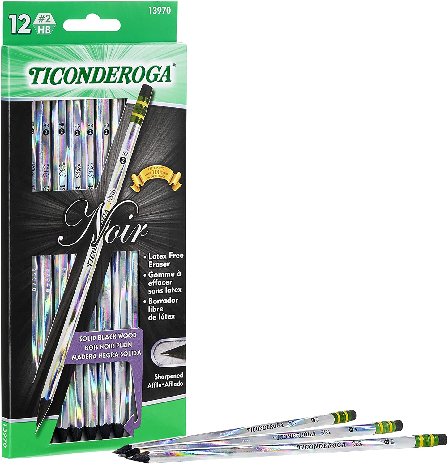 Ticonderoga Noir Black Wood-Cased #2 Pencils, Holographic Design, 12 Count