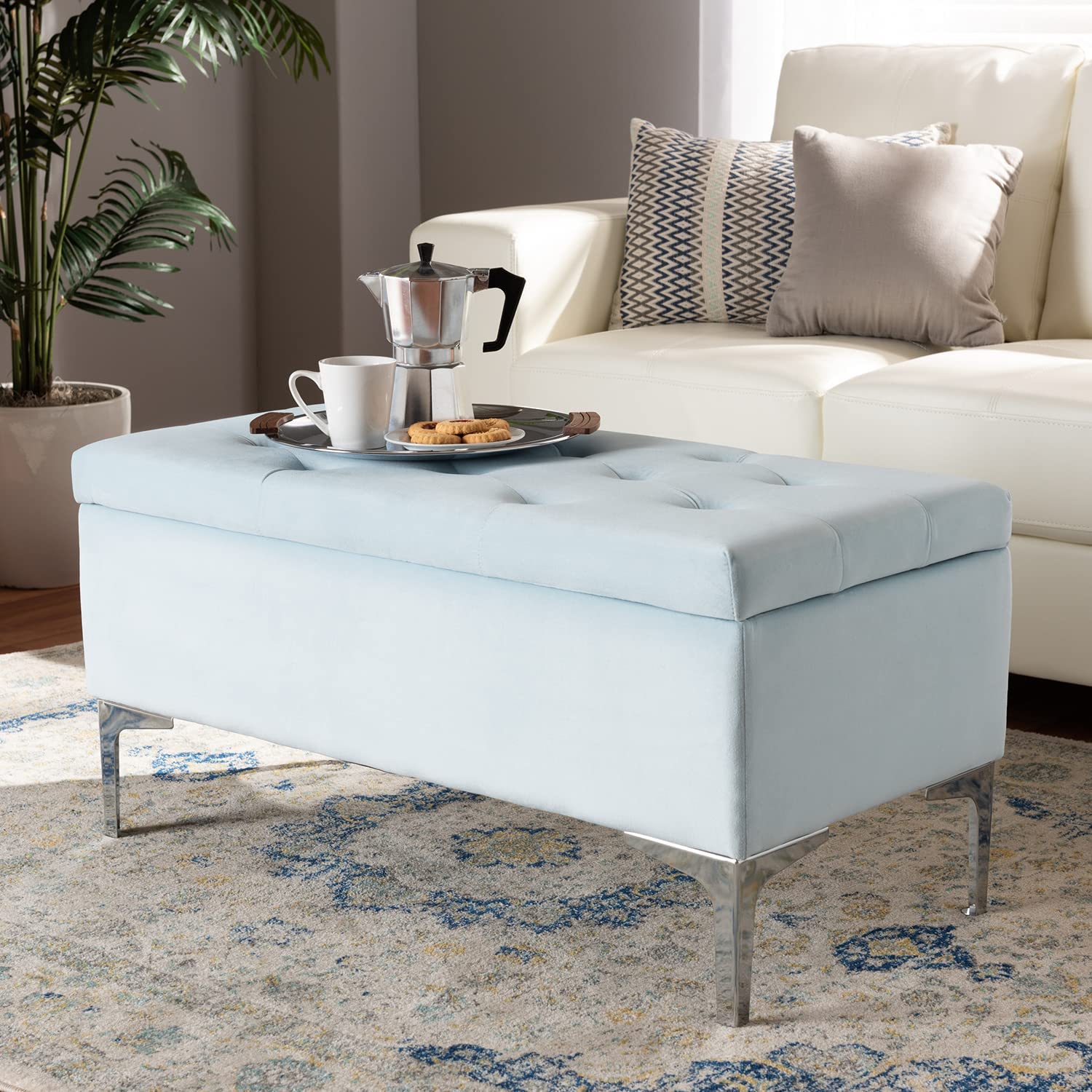 Baxton Studio Mabel Modern and Contemporary Transitional Light Blue Velvet Fabric Upholstered Silver Finished Storage Ottoman