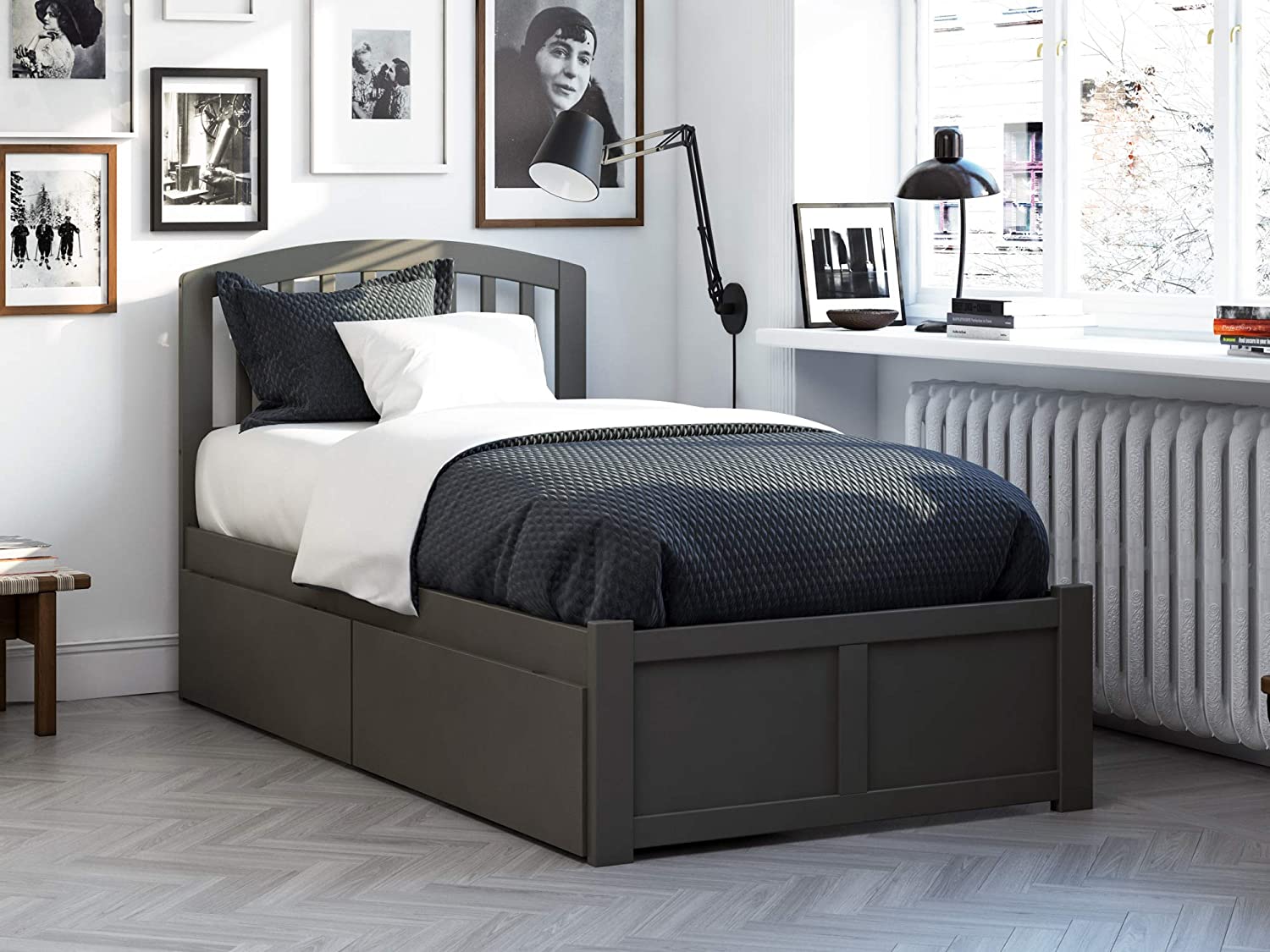 AFI Richmond Platform Flat Panel Footboard and Turbo Charger with Urban Bed Drawers, Twin XL, Grey