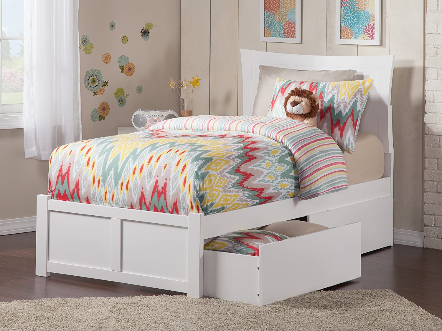 Metro Twin Extra Long Platform Bed with Flat Panel Footboard and Turbo Charger with Urban Bed Drawers in White