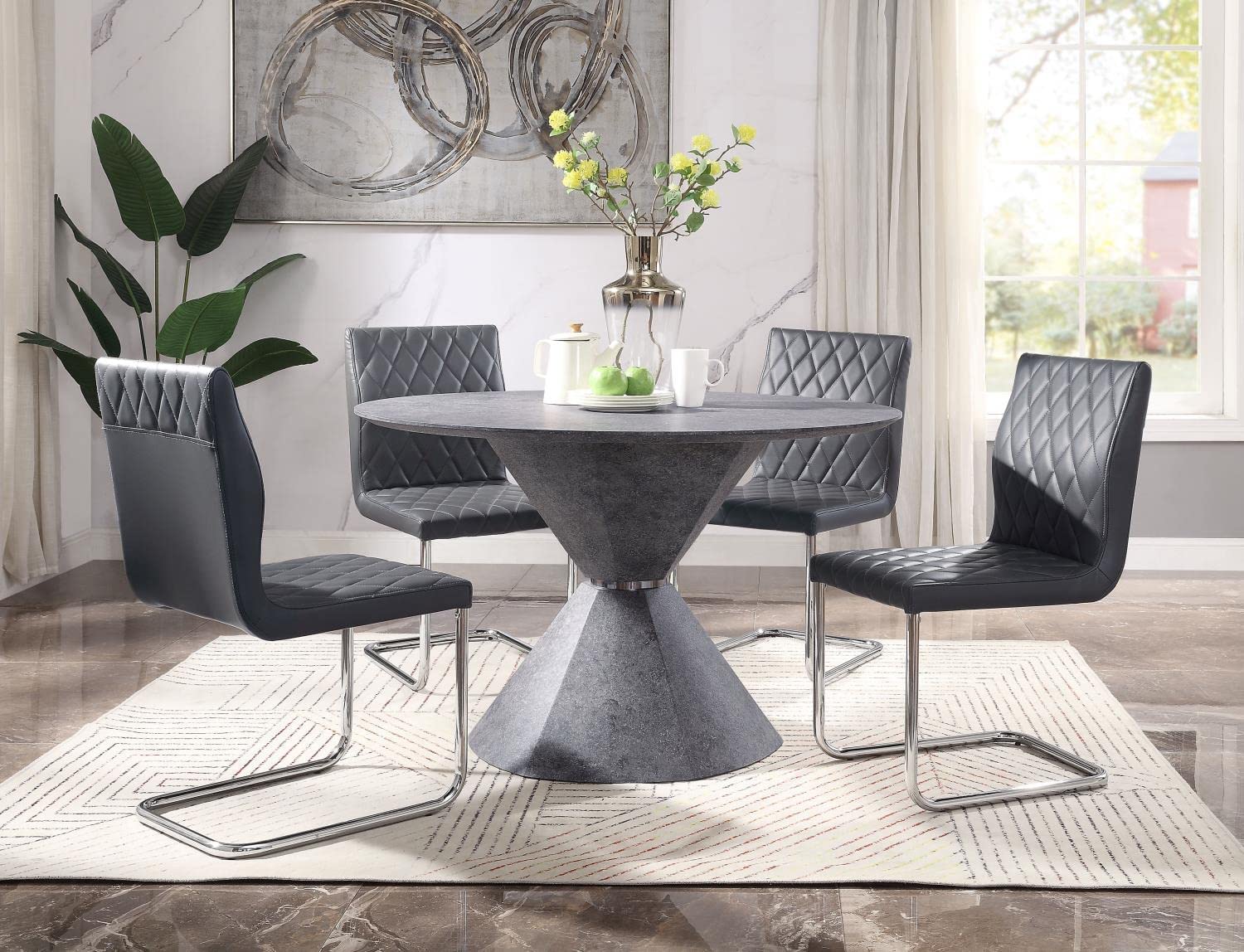 Acme Furniture Round Dining Table with Single Pedestal, Faux Concrete