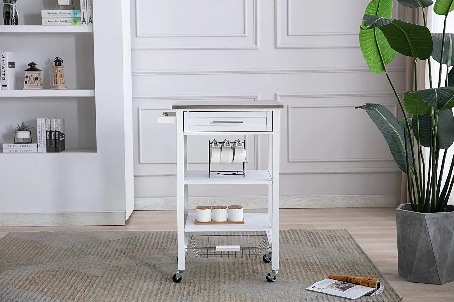 Boraam Hennington Kitchen Cart with Stainless Steel Top, White