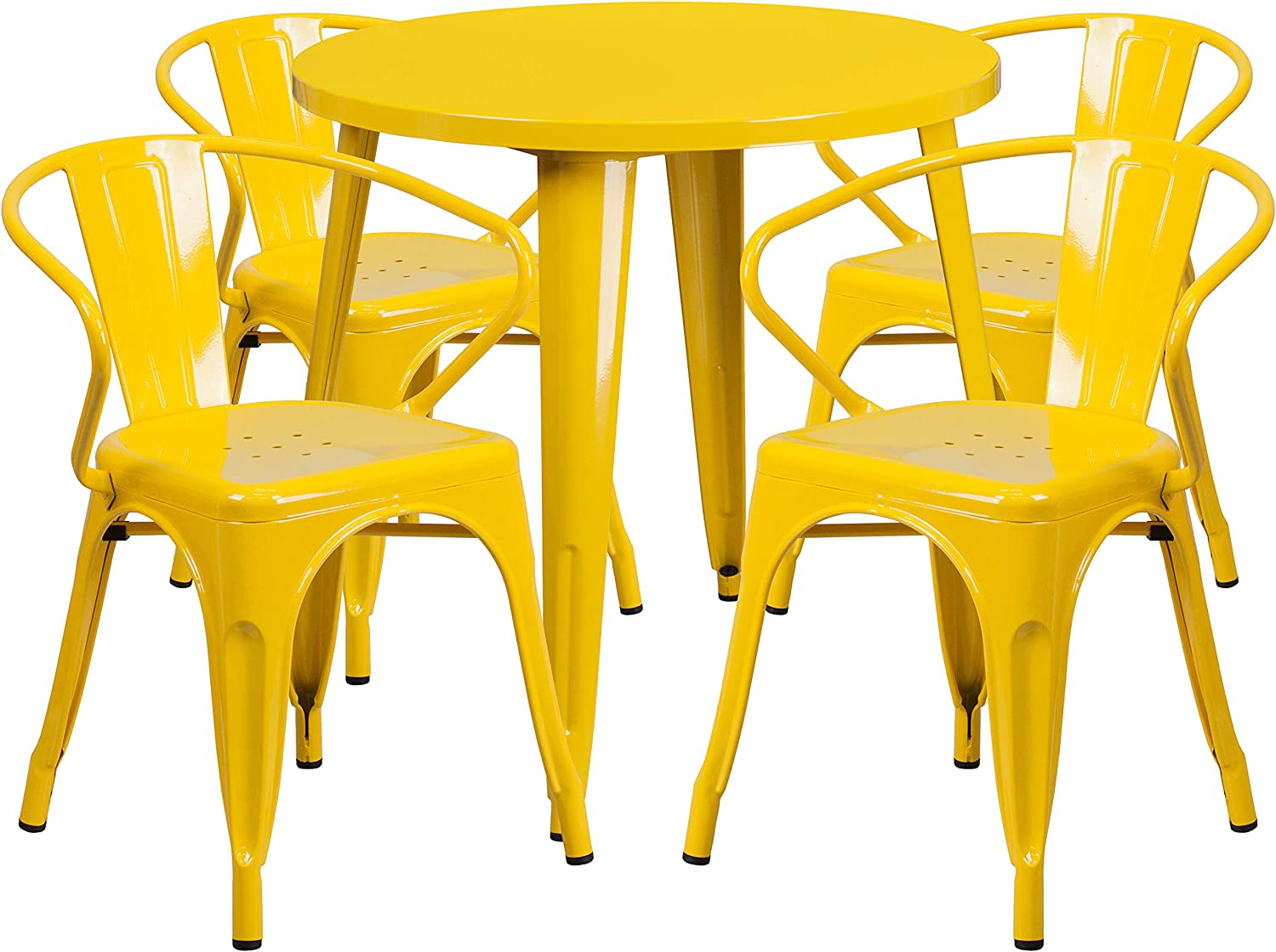 Flash Furniture Commercial Grade 30&#34; Round Yellow Metal Indoor-Outdoor Table Set with 4 Arm Chairs
